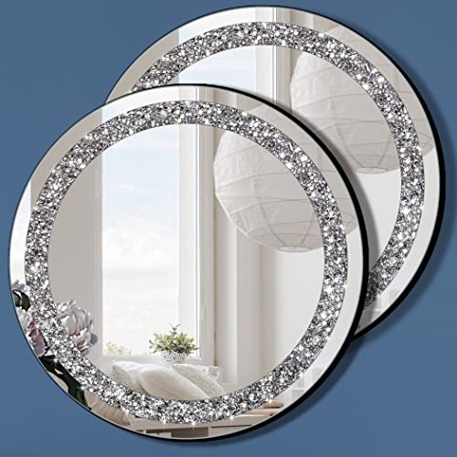 QMDECOR Crystal Crush Diamond Silver Mirror 2 Pack Diameter 12inch Round Shape with Iron Chain Real Glass Mirror for Wall Decor