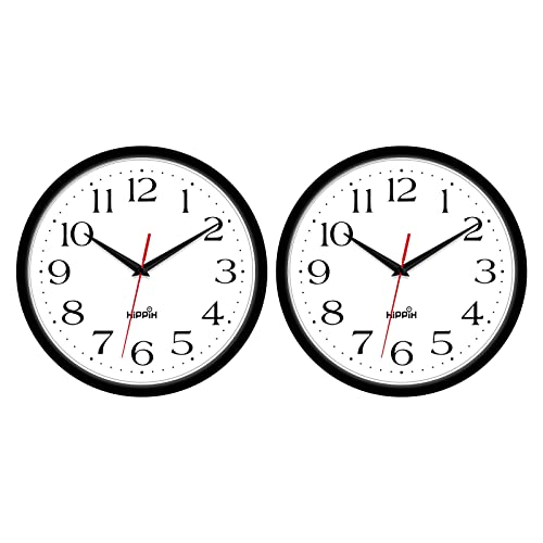2 Pieces Silent Wall Clock, 10 Inch Non Ticking Quiet Digital Sweep Decorative Battery Operated Wall Clocks for Living Room Bedroom Kitchen School Office Decor, Black