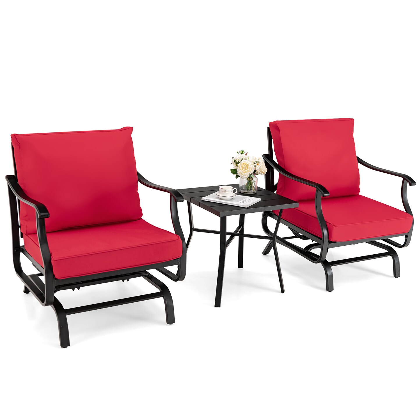 Red Glider Chair Set With Coffee Table 3-Piece Outdoor Patio Steel Frame Cushions