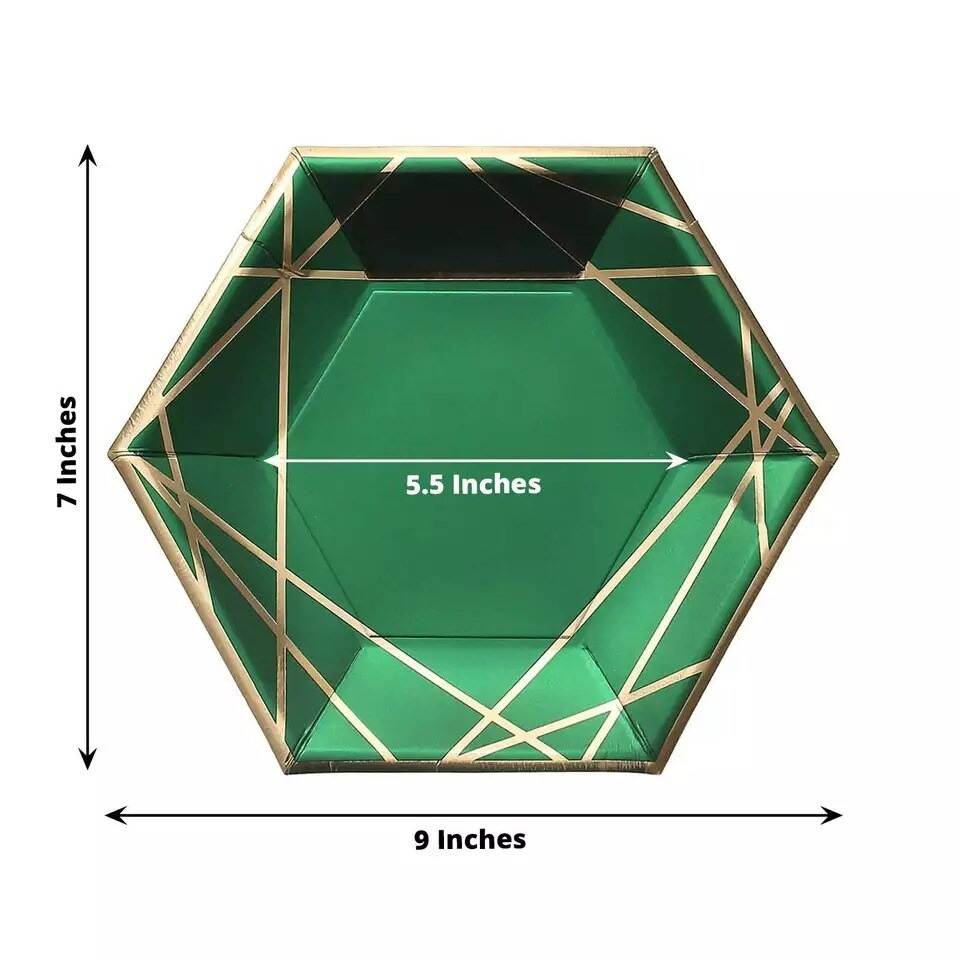 25 Hunter Green 7&#x22; Hexagon Paper Salad Dinner Plates Gold Trim
