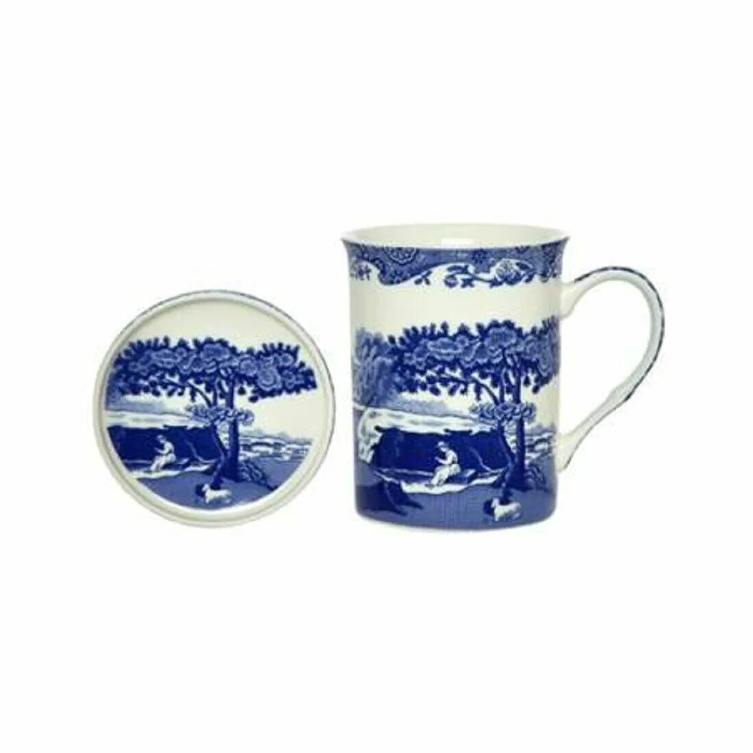 Spode Blue Italian Mug &#x26; Coaster Set 12 Oz, Large Handle, Made of Fine Porcelain