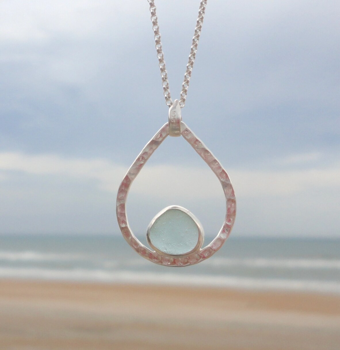 アクセサリー seya. CLAY GLASS DROP NECKLACE Sea Glass Teardrop Necklace, Sterling Silver Aqua Teardrop