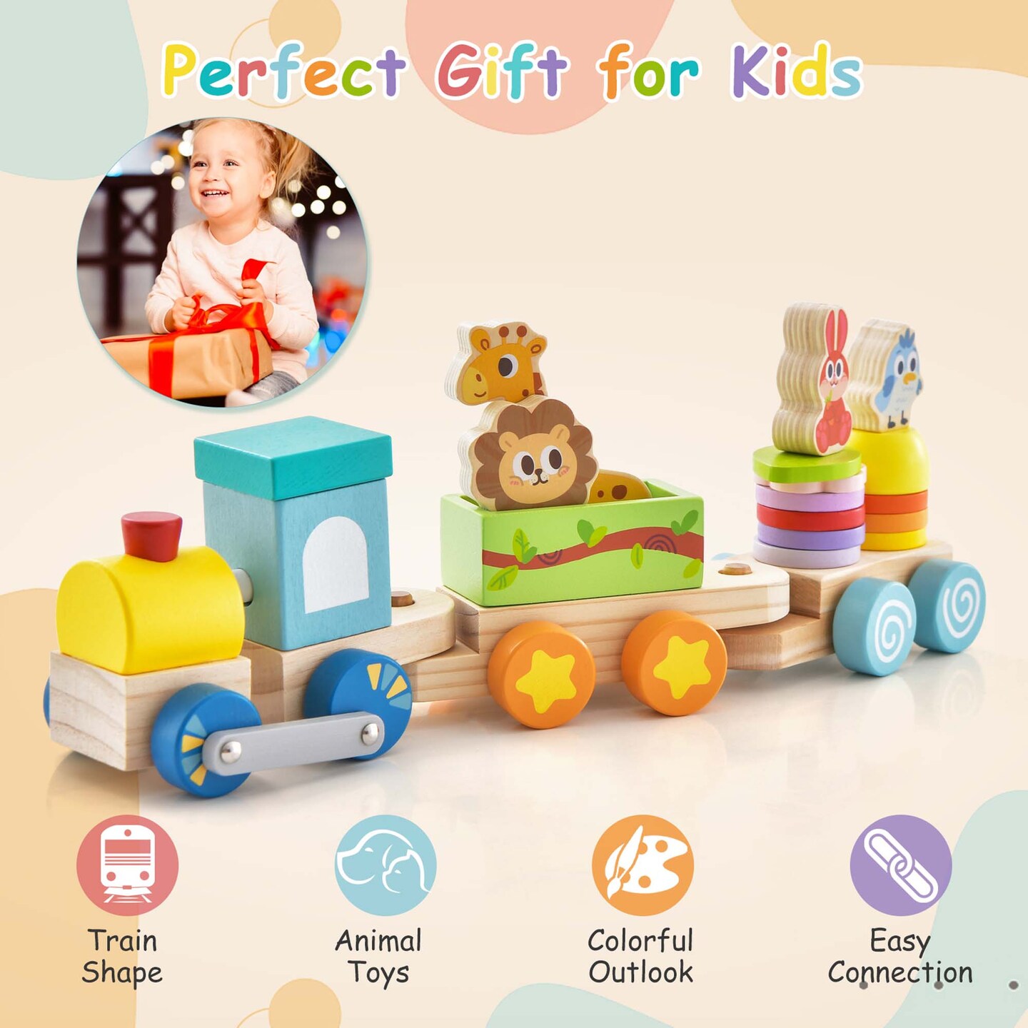Costway Wooden Stackable Train Set Kids Educational Fun Cars with Animal Toys &#x26; Locomotive