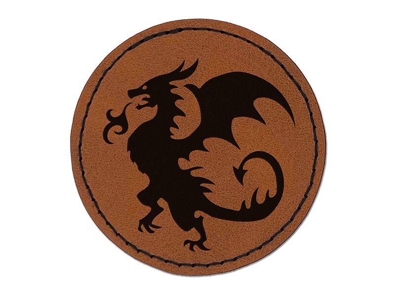 Wyvern Dragon Fantasy Silhouette Round Iron-On Engraved Faux Leather Patch Applique - 2.5 inches