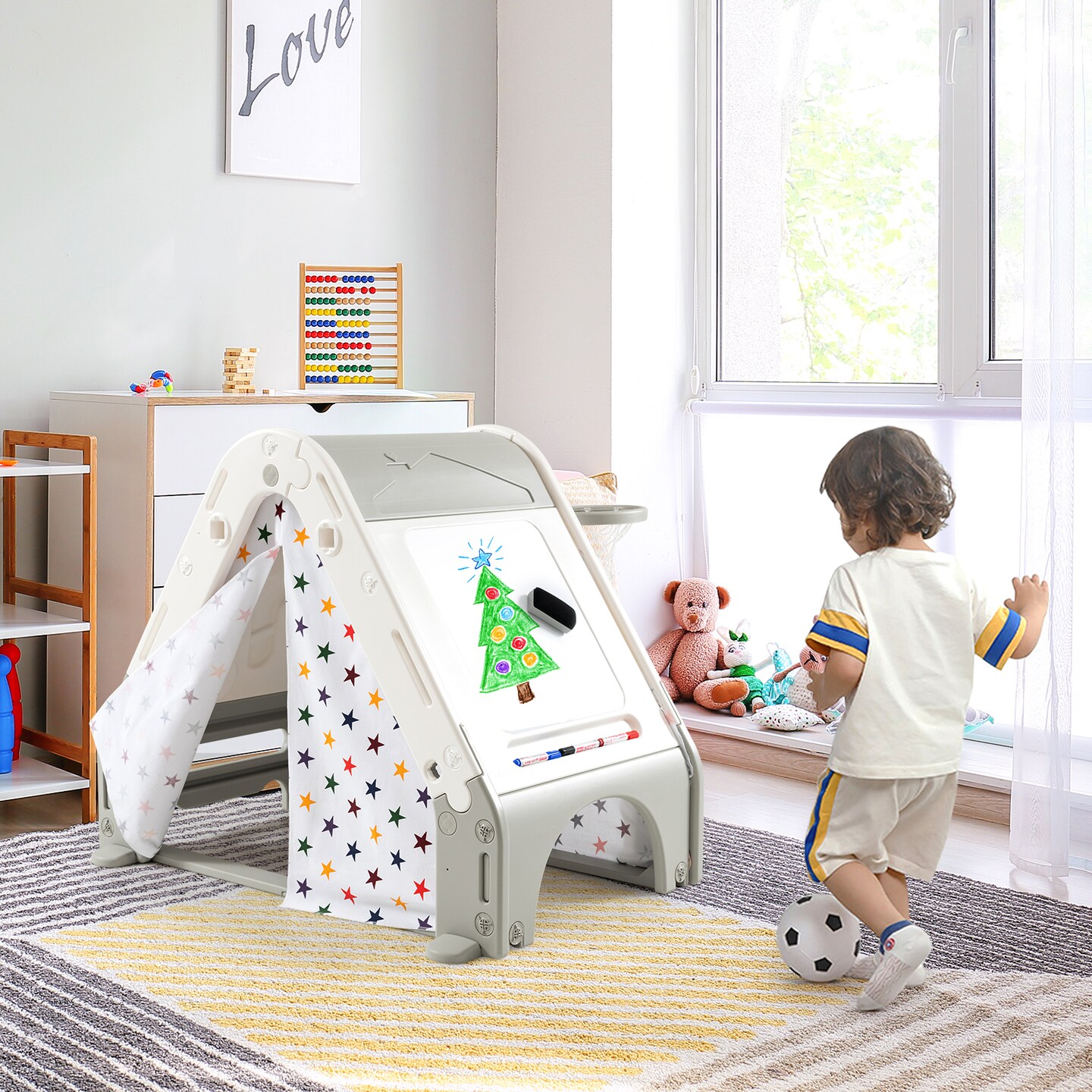 Kid&#x27;s Triangle Climber with Tent Cover and with Climbing Wall-Gray
