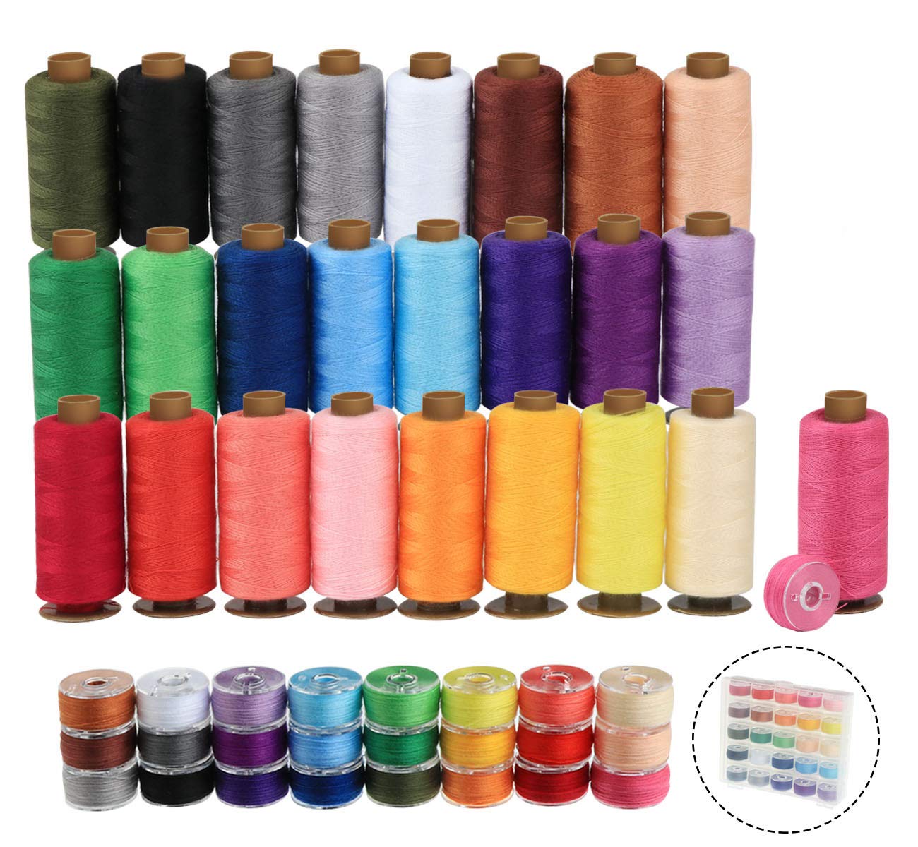 50 Pieces Bobbins Sewing Threads Kit, 400 Yards per Polyester Thread Spools, Prewound Bobbin with Case for Brother Singer Janome Machine, 25 Colors