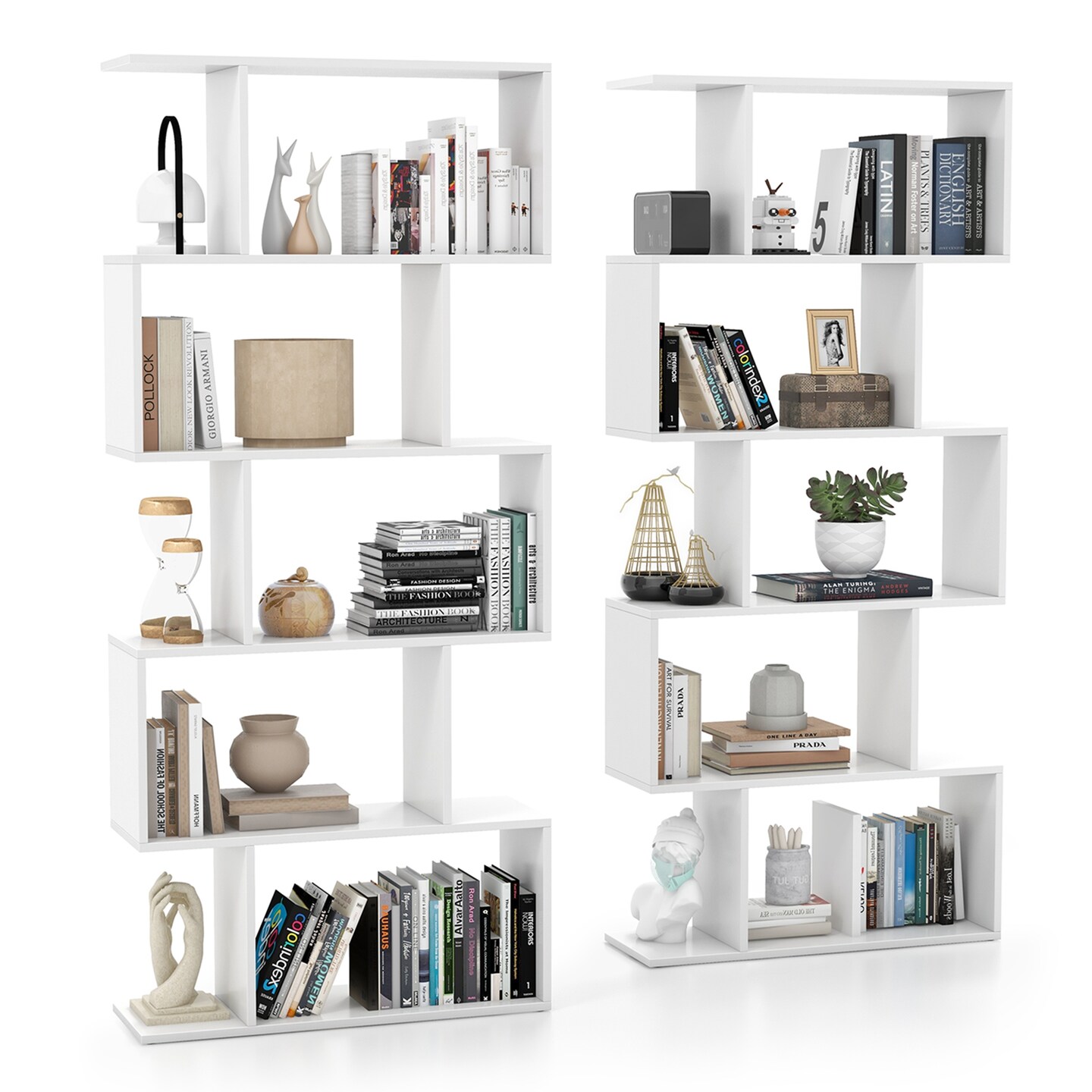 Costway 5-Tier Bookshelf Geometric S-Shaped Bookcase Room Divider Storage Display Shelf