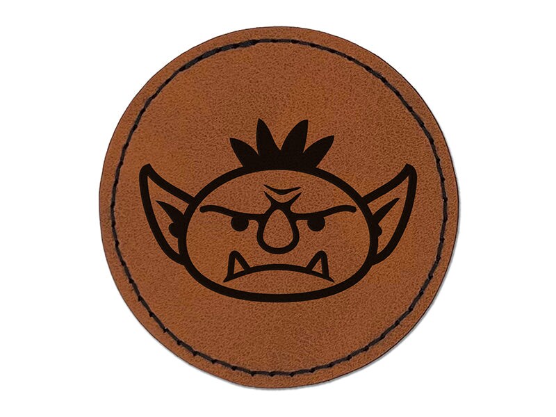 Goblin Male Character Face Round Iron-On Engraved Faux Leather Patch Applique - 2.5&#x22;