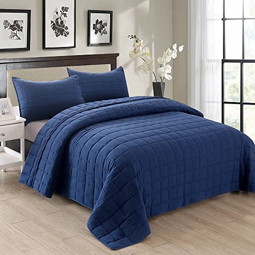 EMME Quilt Set Twin Size 2 Pieces (66x90 inches), Pre-Washed Microfiber Bedspread for All Season, Lightweight and Reversible Coverlet (Squares Pattern, Navy)