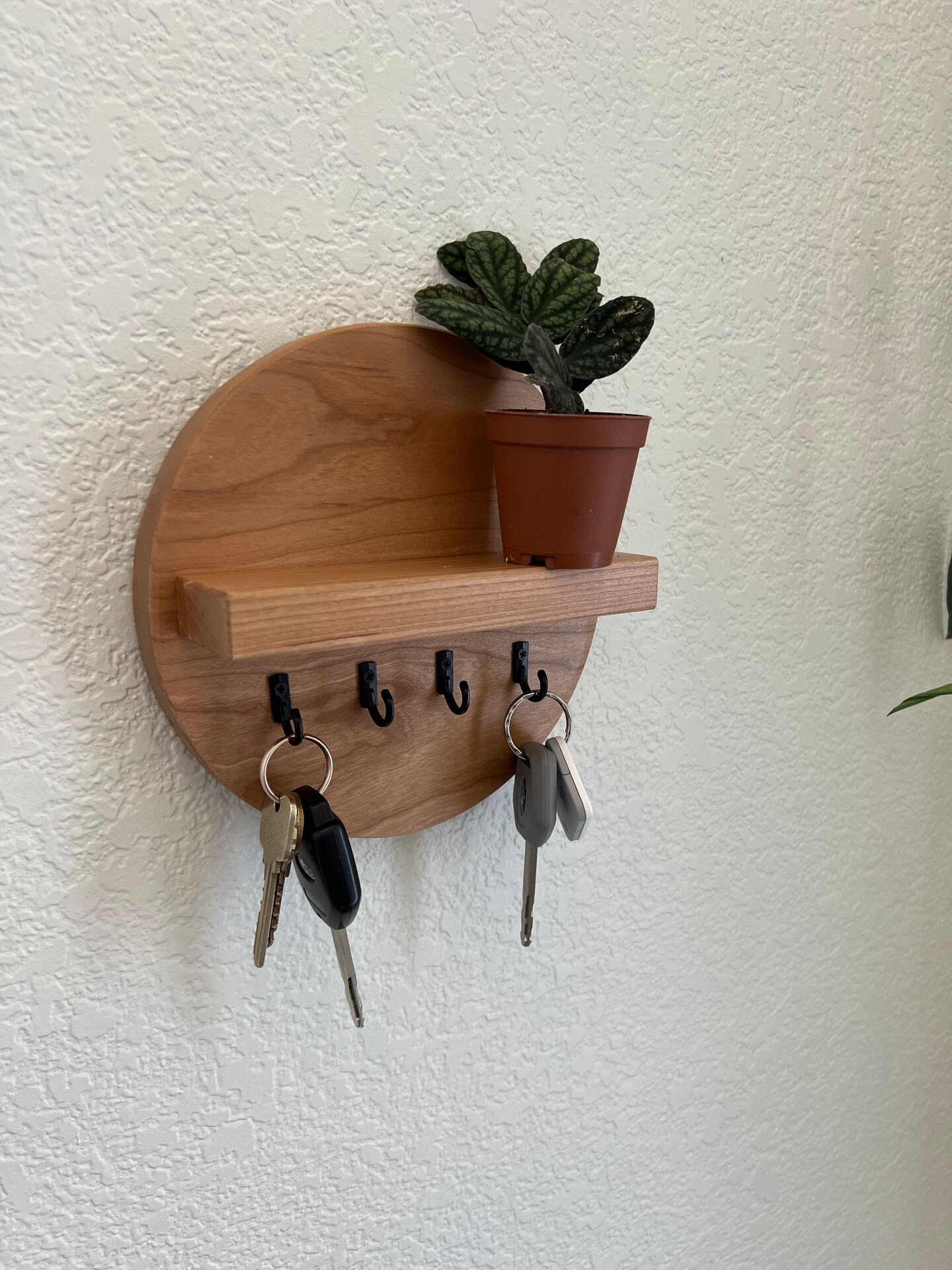 product name is Handmade round wall hanging key rack with 4 hooks and shelf - solid real cherry hardwood - semi-gloss finish