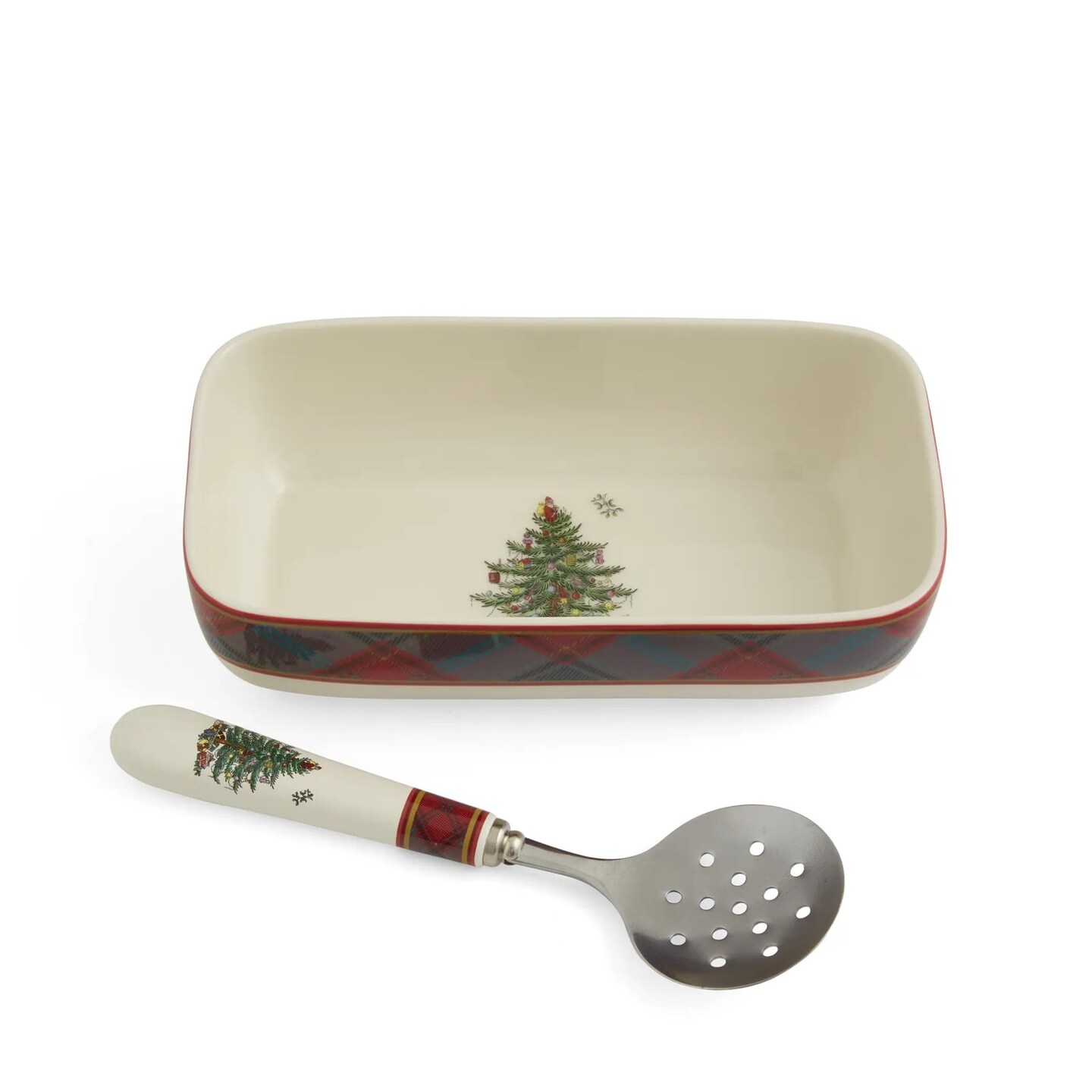 Spode Christmas Tree 8&#x22; x 4.25&#x22; Tartan Rectangle Server with Slotted Spoon