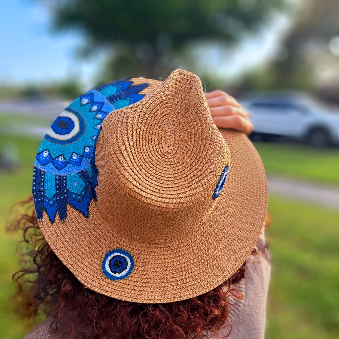 Boho Blue Mandala Straw Hat – Handcrafted with Turkish Eye  display picture 3