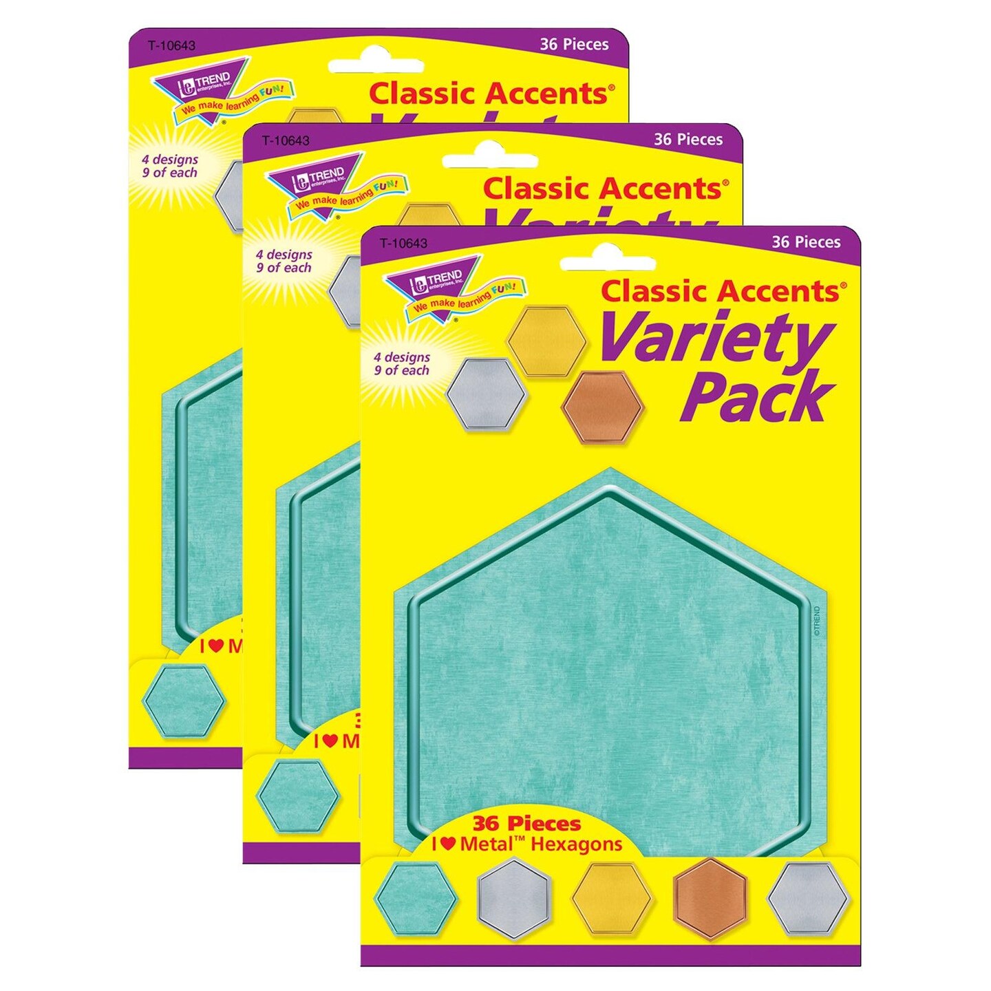 I &#x2665; Metal&#x2122; Hexagons Classic Accents&#xAE; Variety Pack, 36 Per Pack, 3 Packs