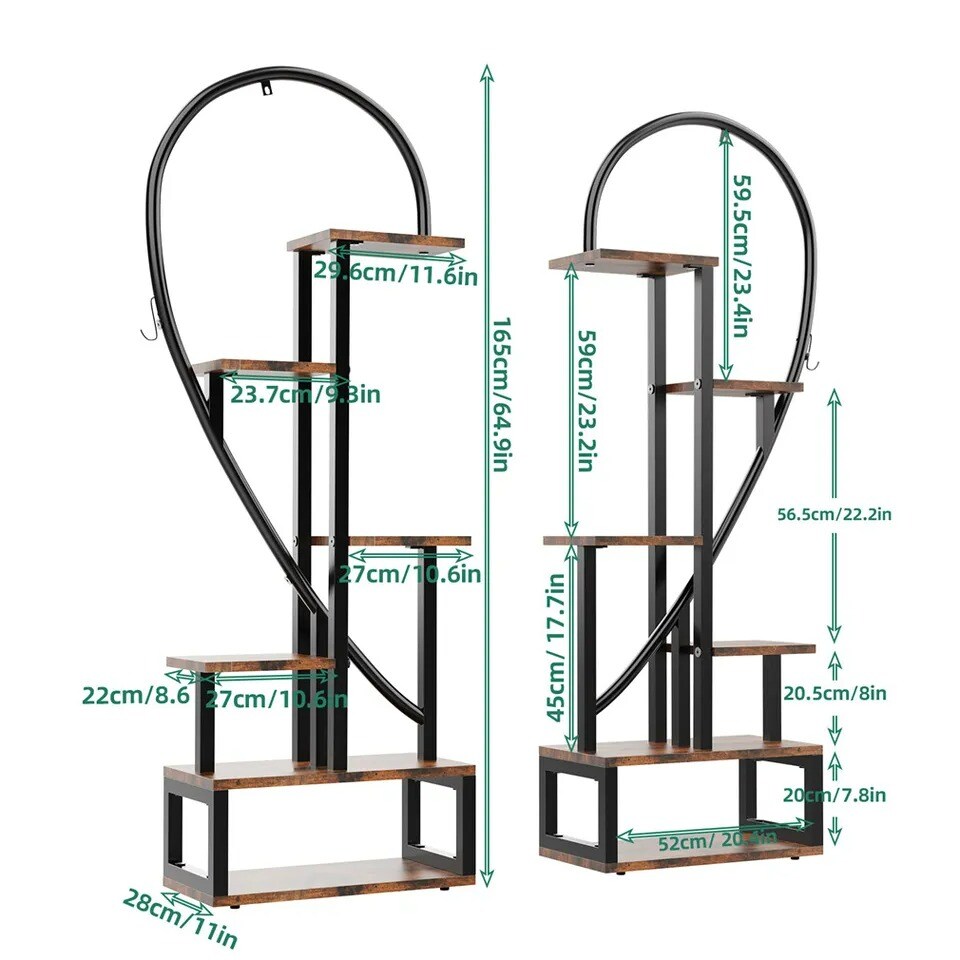 2 Pack Large Plant Stand Heart Shaped Ladder Planter Pot Display Shelf w/ Hooks
