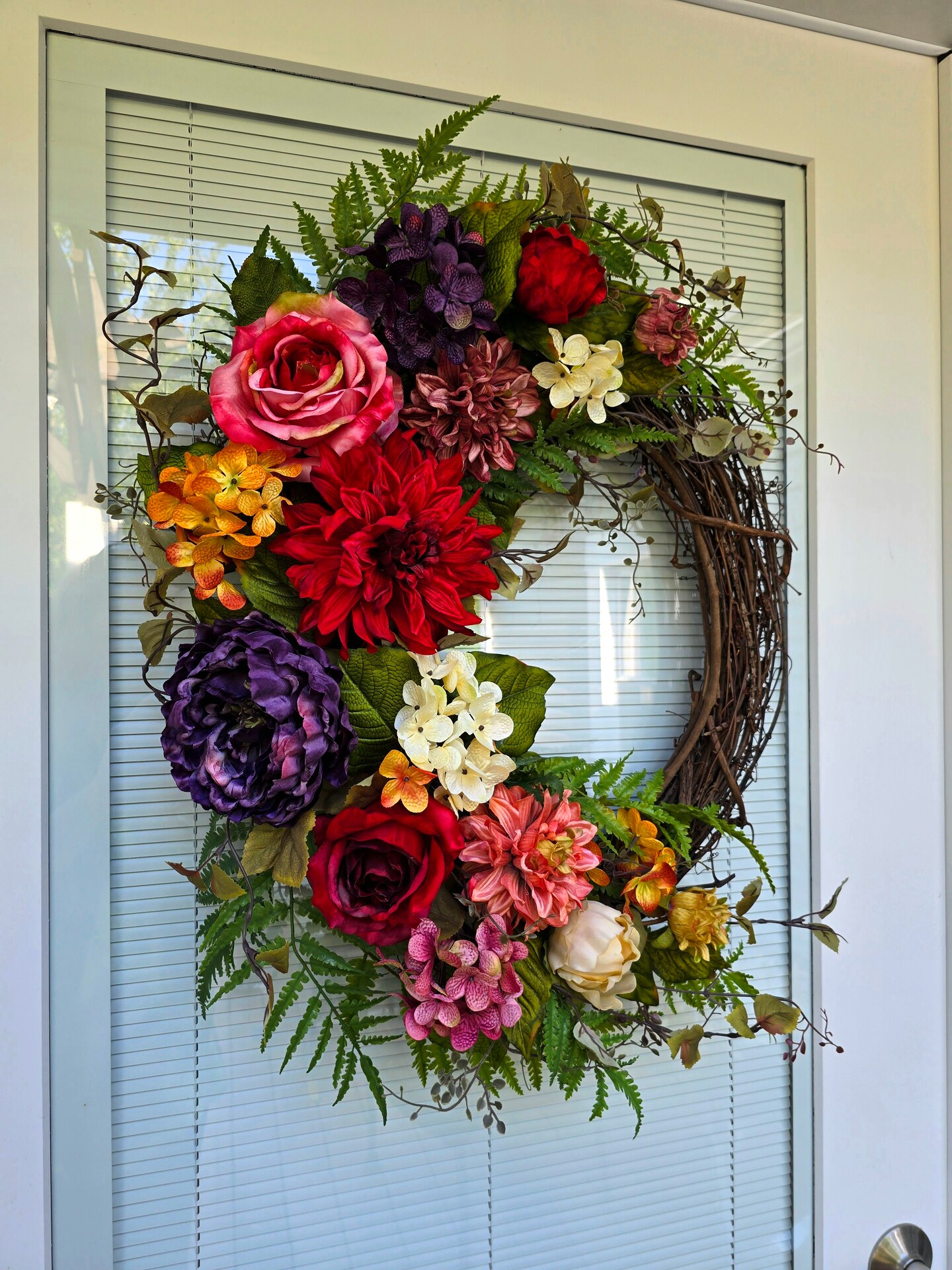 26" Spring Wreath For Front Door - Artificial Paper Flower Wreath With Grapevine Base (Red & Pink)