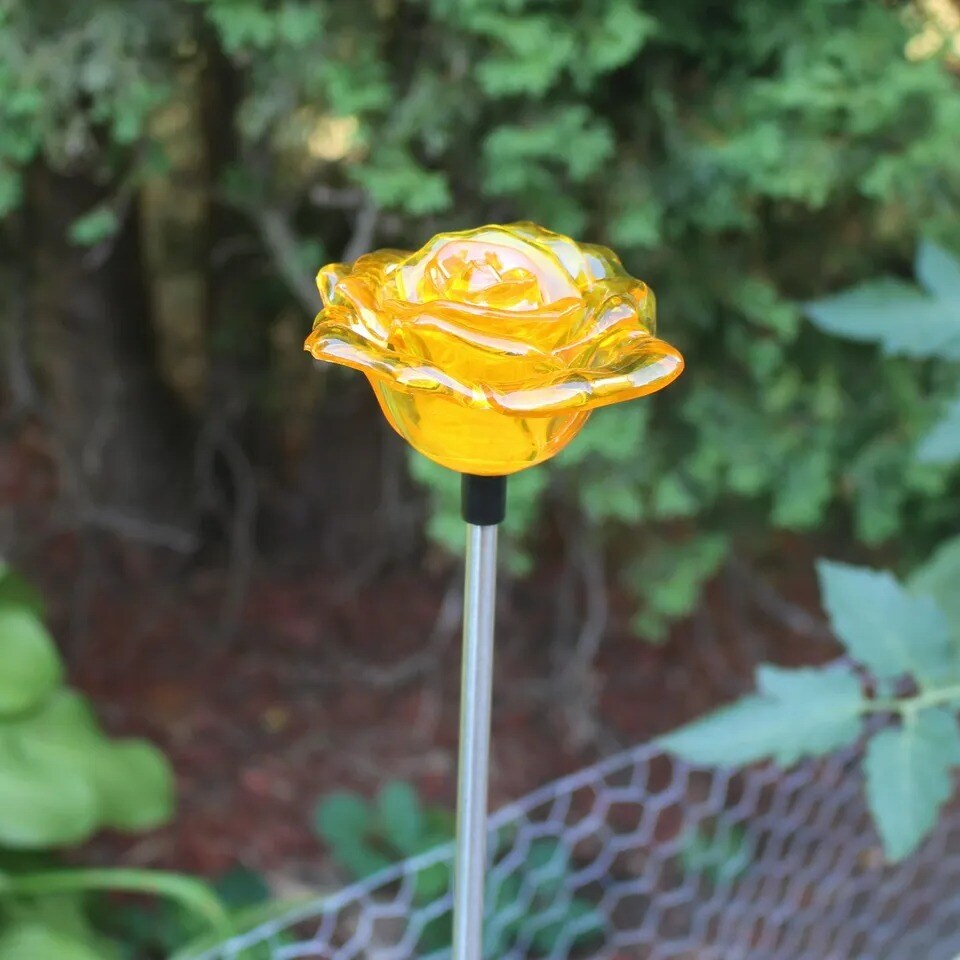 Solar Yellow Rose Flower Garden Yard Stake LED Light Outdoor Lawn Pathway Decor