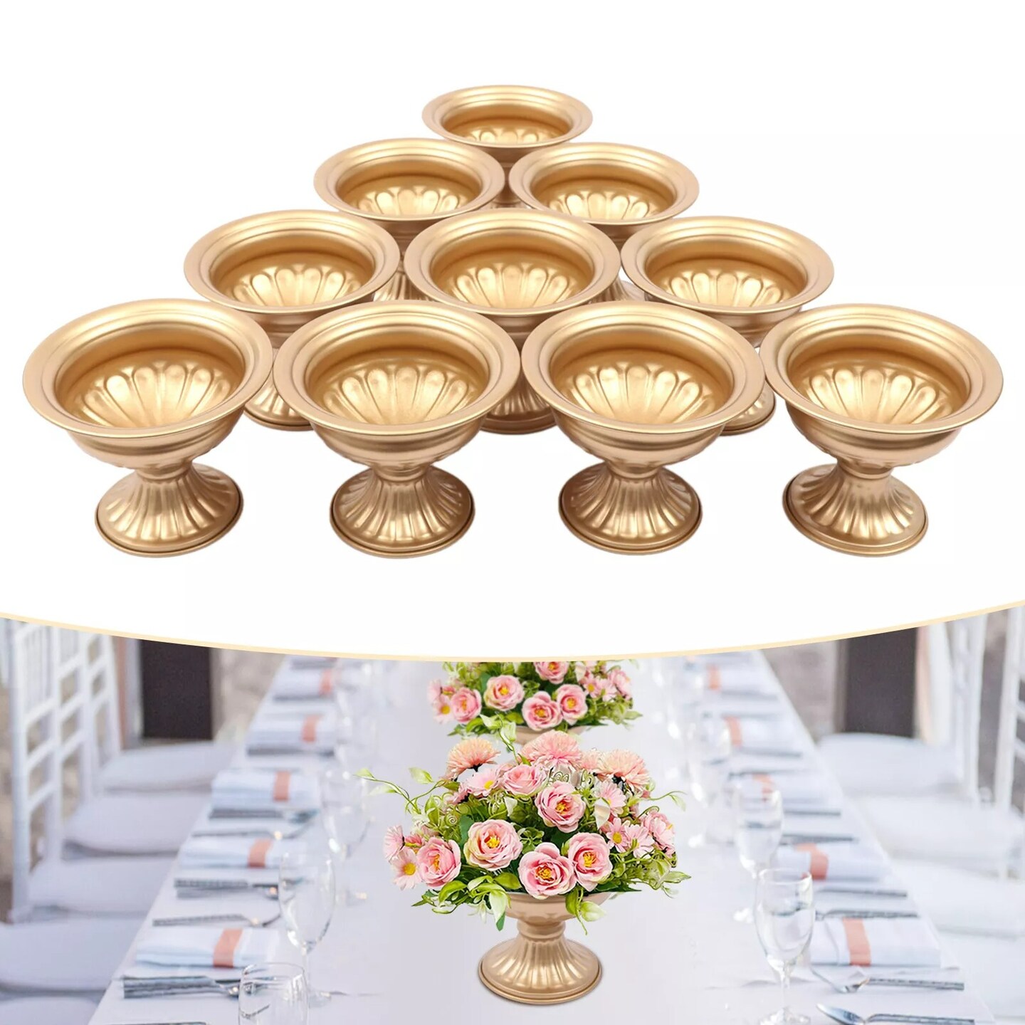 Pack of 10 Gold Flower Trumpet Vases Wedding Party Tabletop Centerpieces Stand