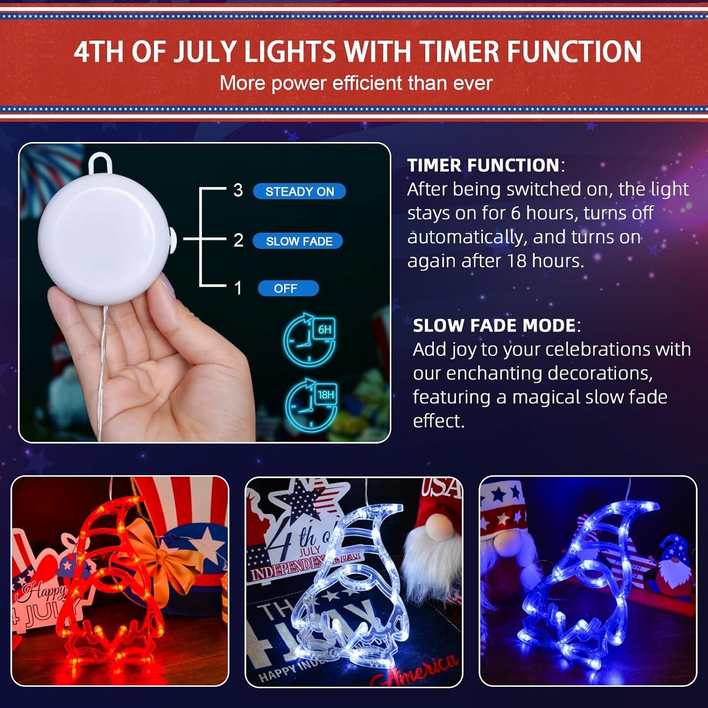 3 pack of battery-powered indoor gnome window lights for the Fourth of July.