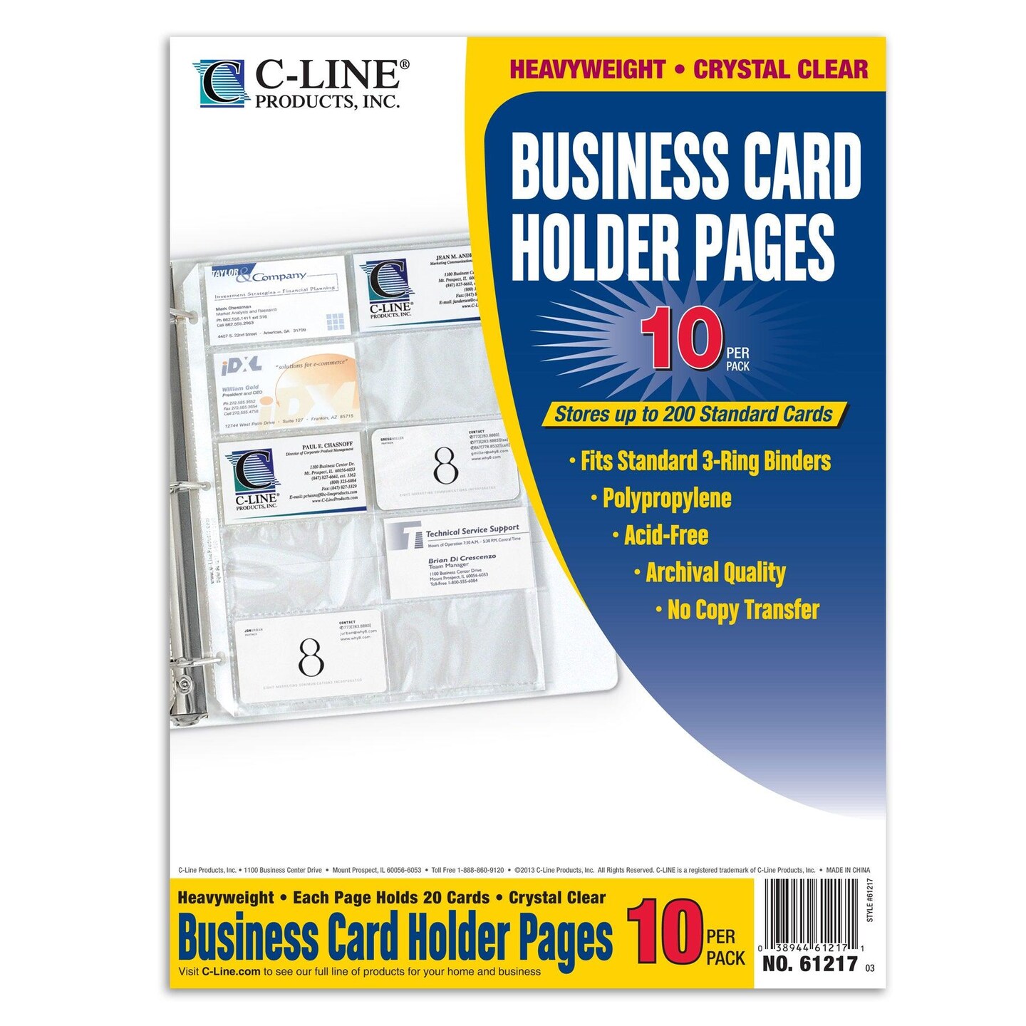 Business Card Holder, Poly without Tabs, Holds 20 Cards/Page, 11-1/4&#x22; x 8-1/8&#x22;, 10 Per Pack, 10 Packs