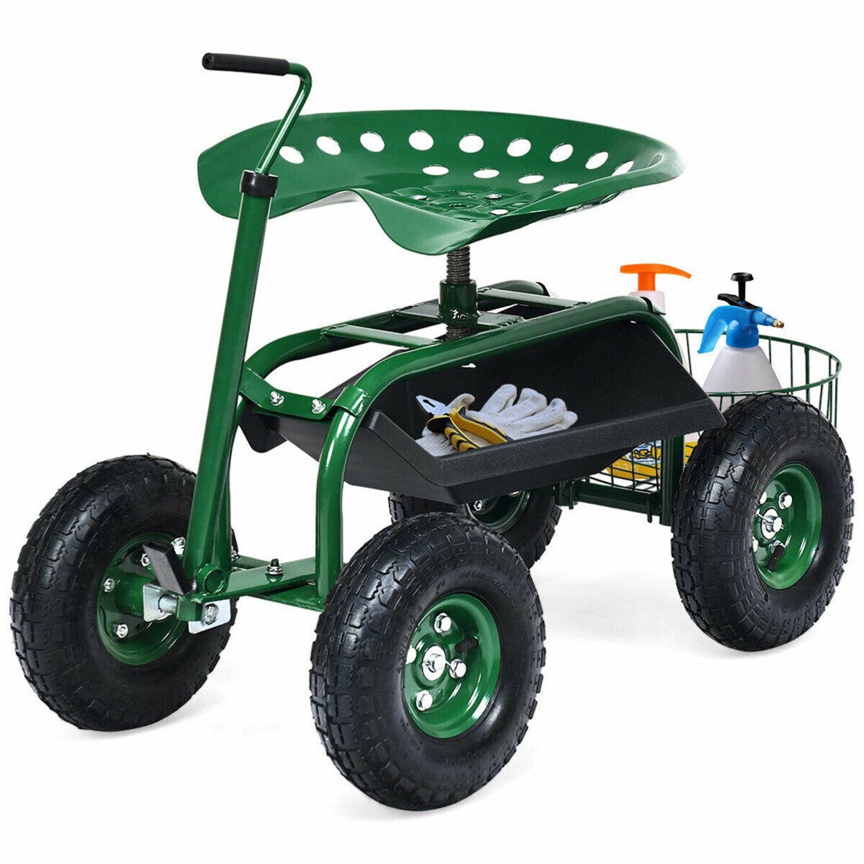Rolling Garden Cart Scooter W/ Adjustable Seat Storage Basket Tray