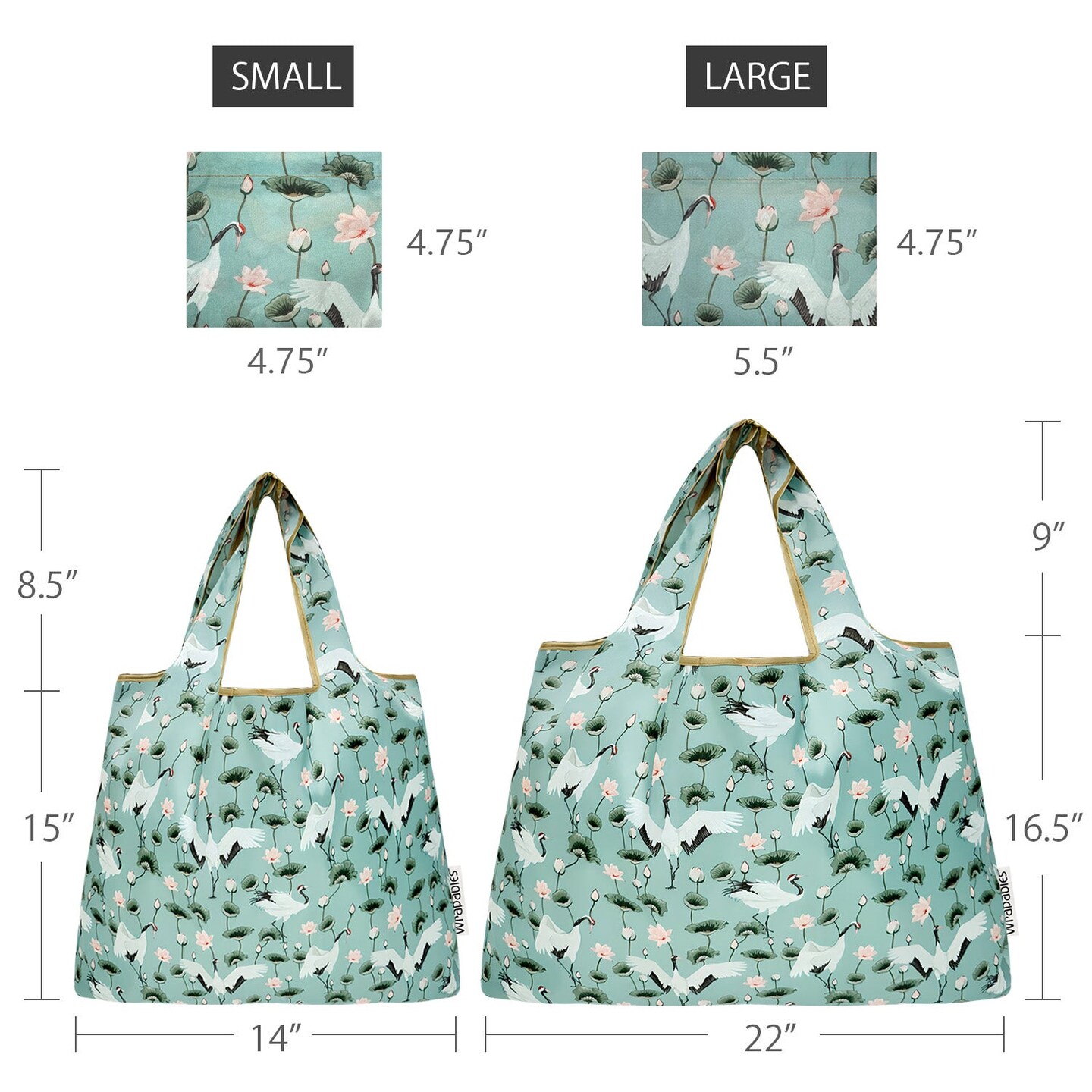 Wrapables Large & Small Foldable Tote Nylon Reusable Grocery Bags, Set of 2, Lotus Cranes