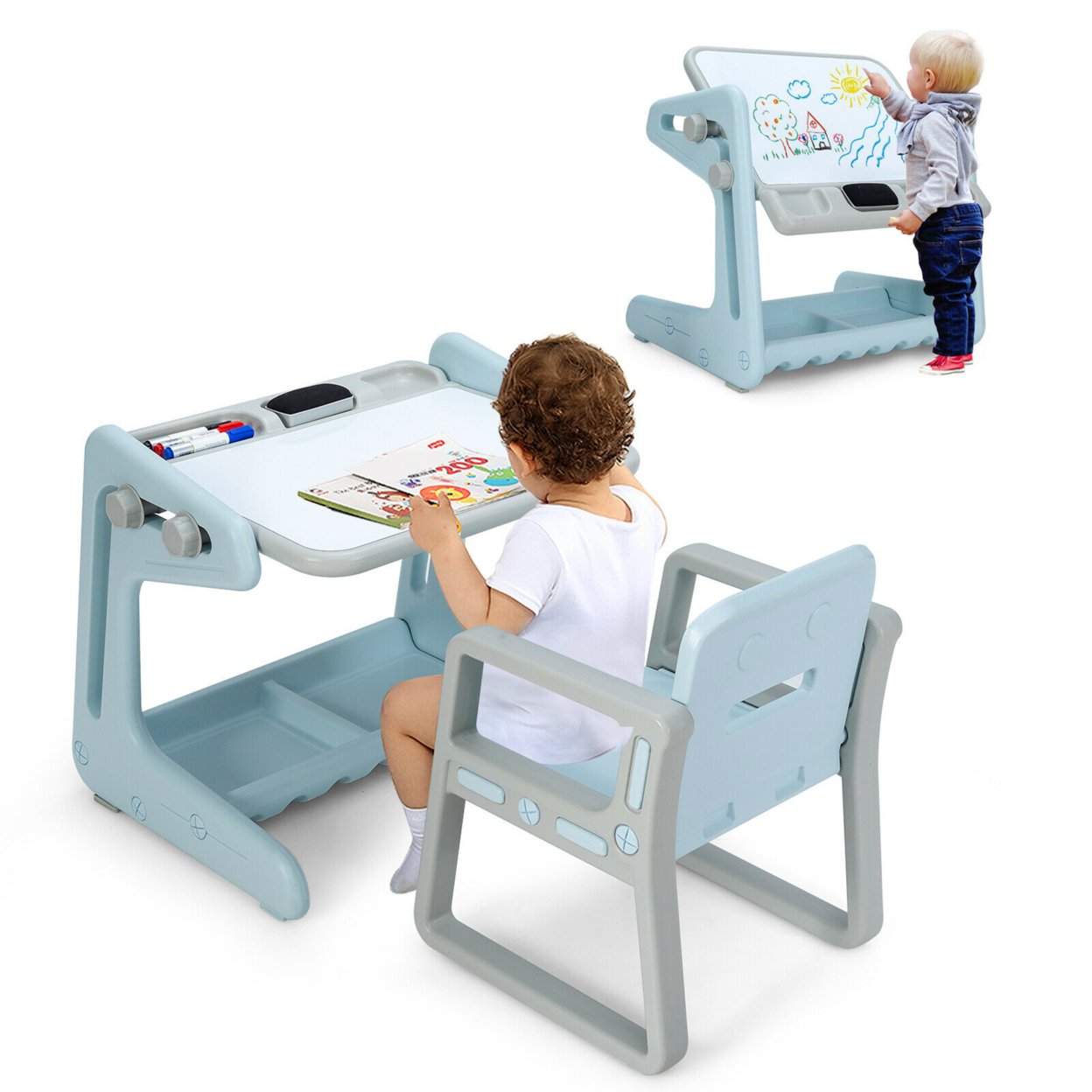 Gymax 2 in 1 Kids Easel Table and Chair Set Adjustable Art Painting Board Gray/Blue/Light Pink