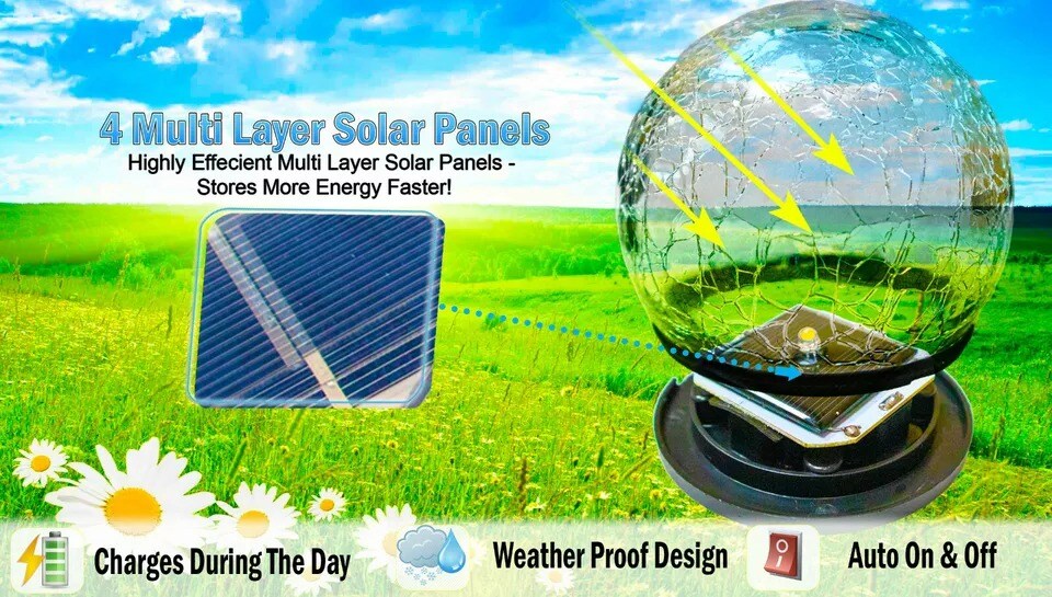 Solar Flower LED Garden Crackle Globe Outdoor Lotus Flower Landscape Decor Light