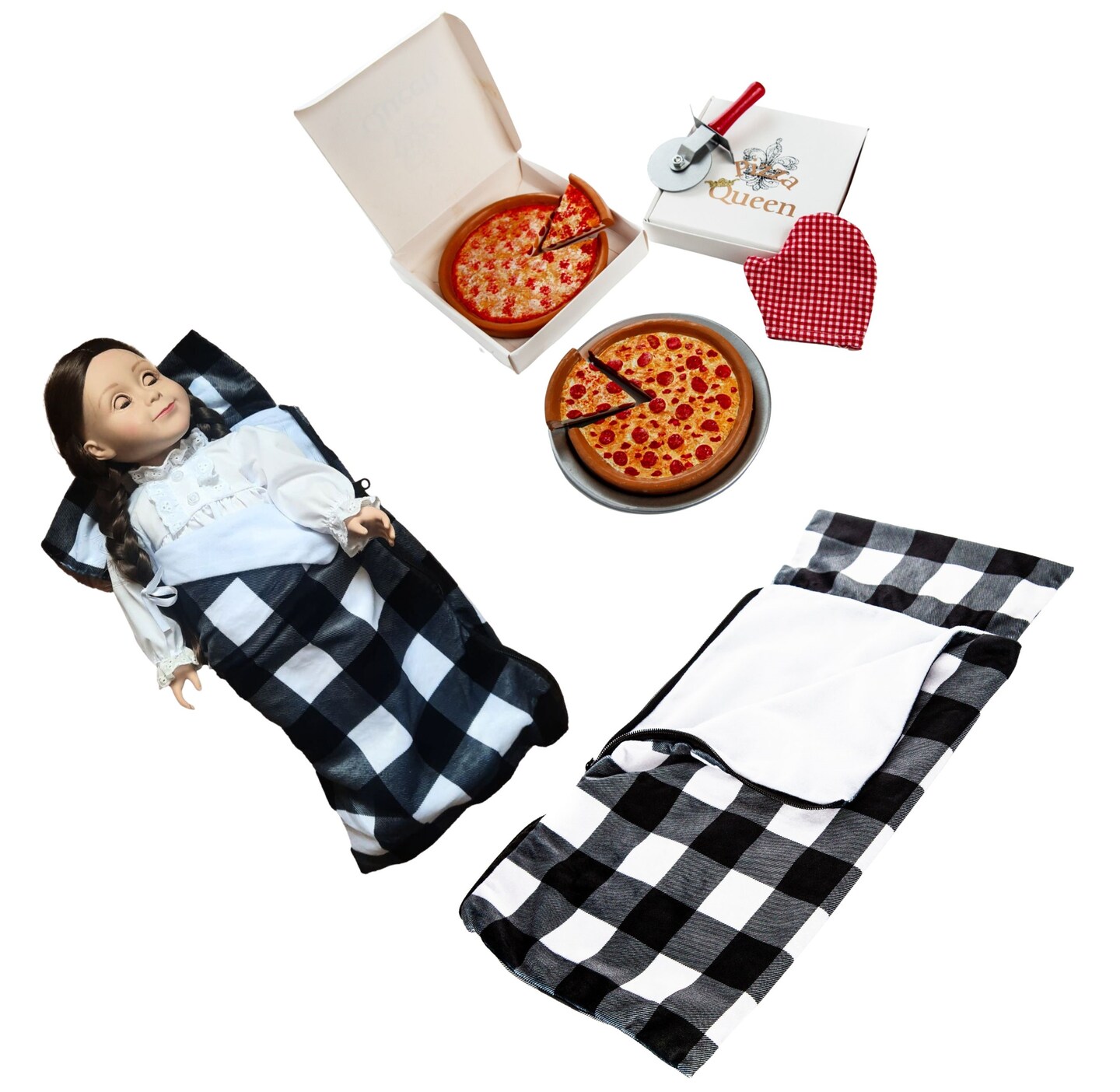 The Queen&#x27;s Treasures 18&#x22; Doll 11 Pc Sleeping Bag Set and American Pizza Party.