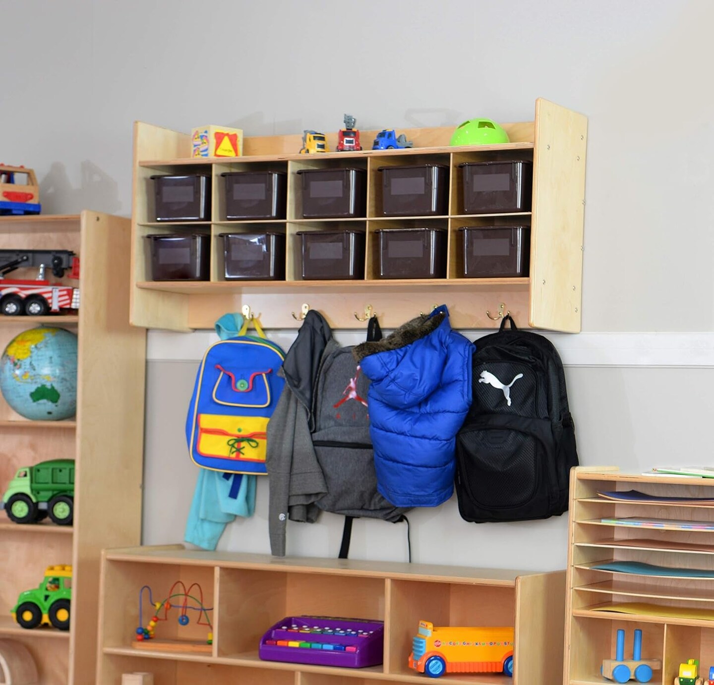 10 Section Wall Cubby Shelve with Brown Plastic Storage Containers for Organizing House and Playrooms, 100% Birch Plywood and UV Finish