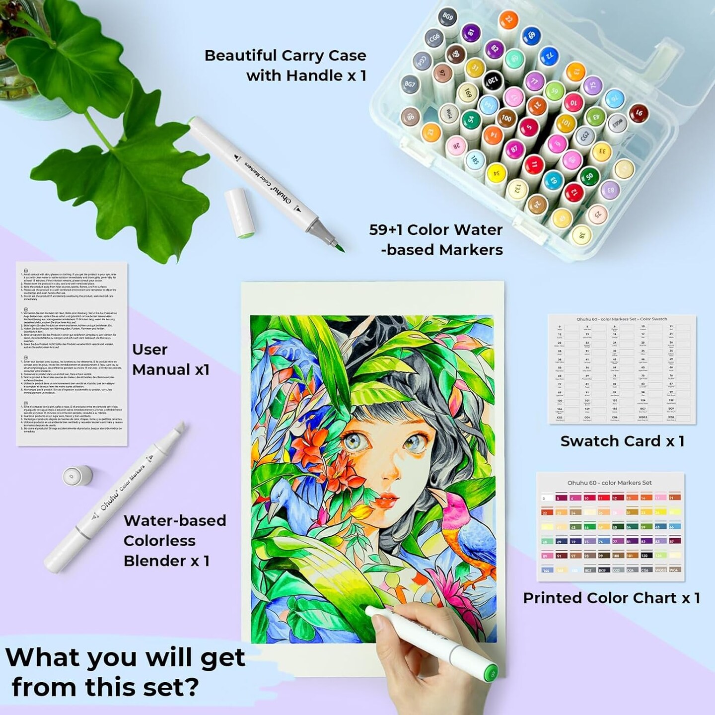 Ohuhu Water Based Markers for Adult Coloring Books No Bleeding Water-based Coloring Markers Dual Tips Chisel &#x26; Brush Drawing Pens Art Markers for Kids Adults Beginners Lettering Journaling (60 Colors)