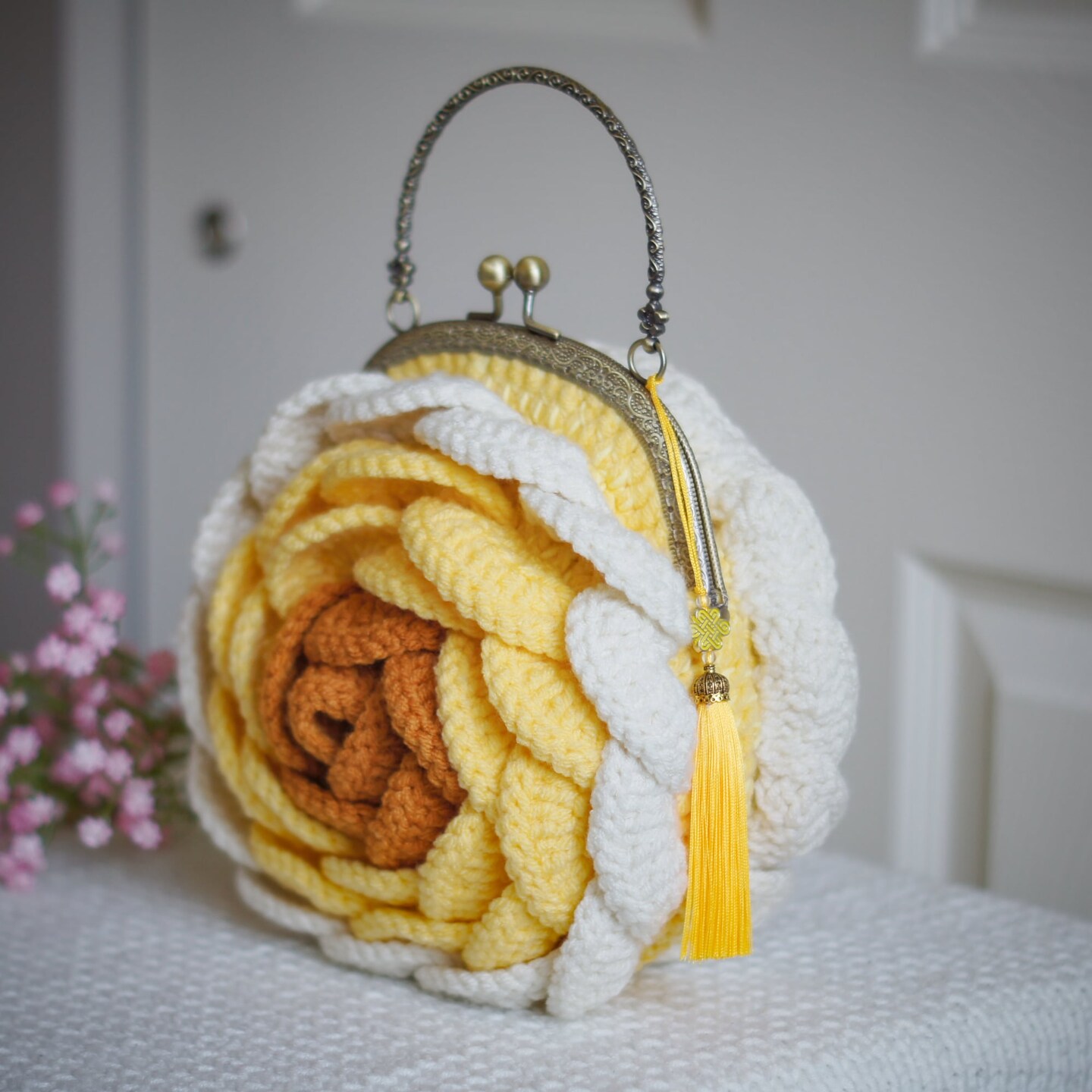 Yellow Crochet Rose Bag with Vintage Kiss Lock Frame and Chain