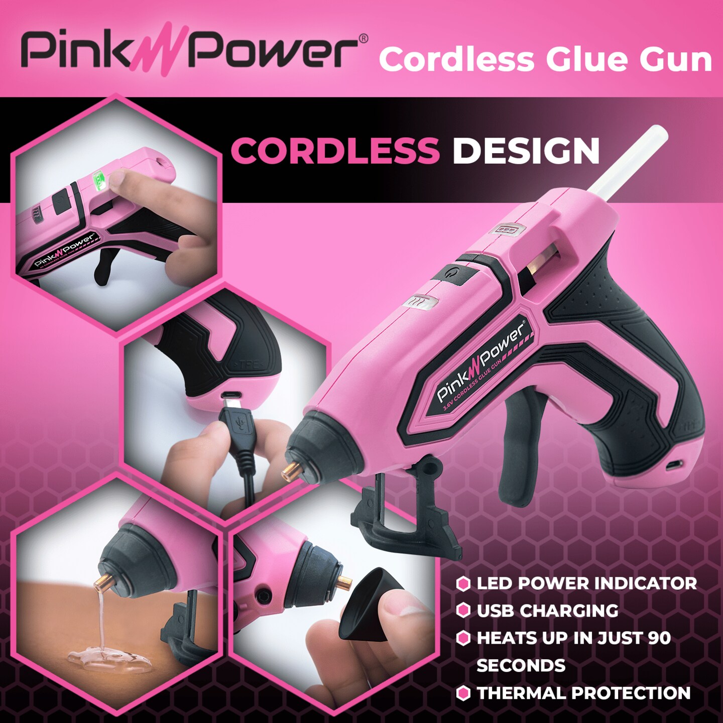 Pink Power Cordless Pink Mini Hot Glue Gun with Stand