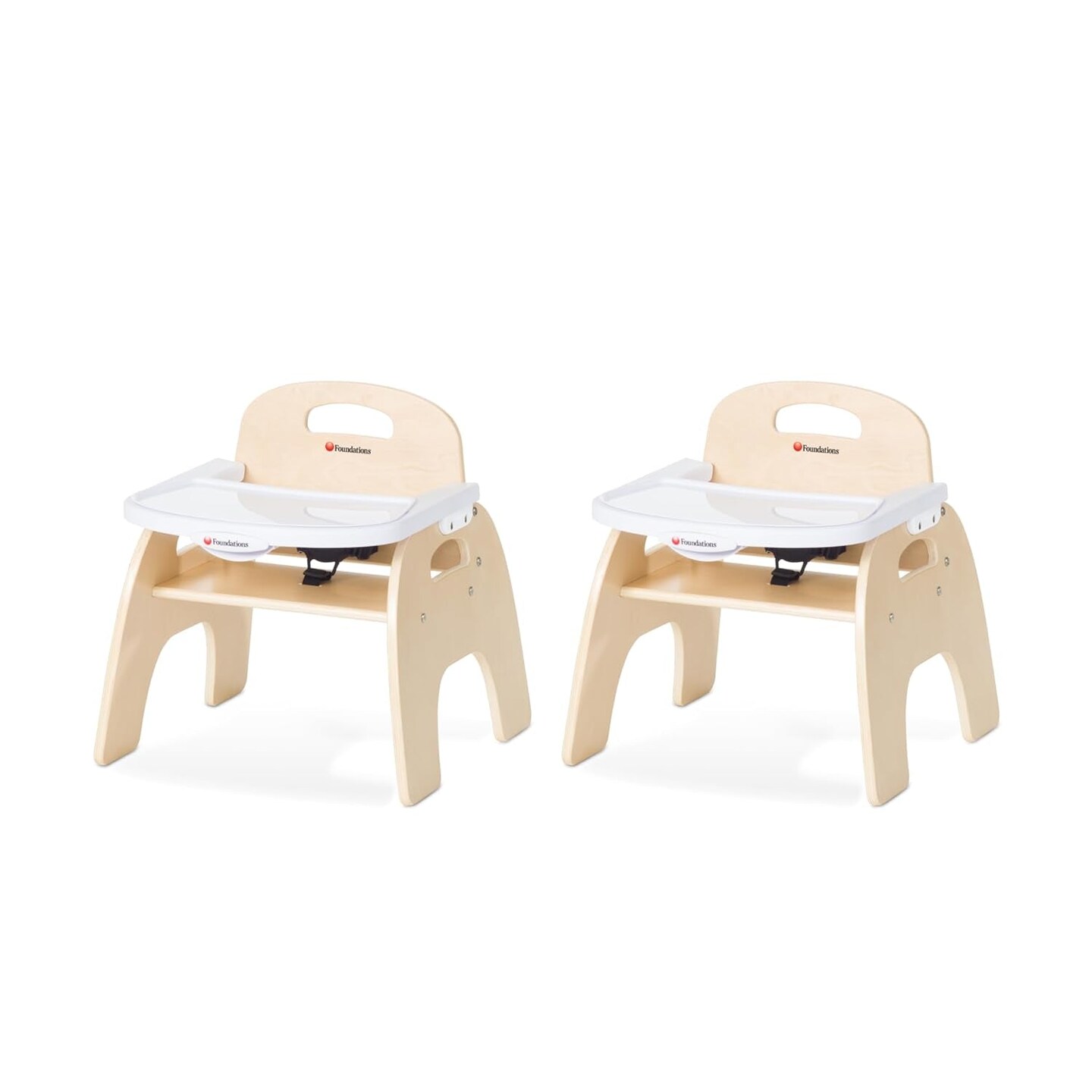 Easy Serve Low Wood Feeding Chairs Multipack, Adjustable Harness, Removable Dishwasher Safe Tray, No-Tip Base, Stackable Toddler Chairs, 2 Pack (11 Inch)