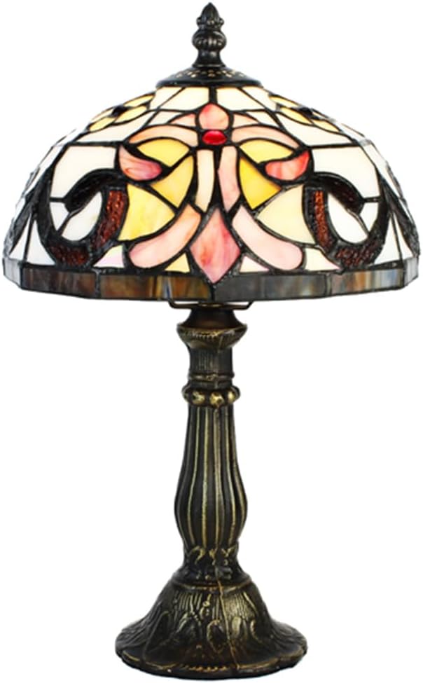 Pink/Amber Fleur-de-lis Tiffany Stained Glass Shade &#x26; Lamp Base - Perfect for a Living Room, Bedroom, Office, &#x26; More