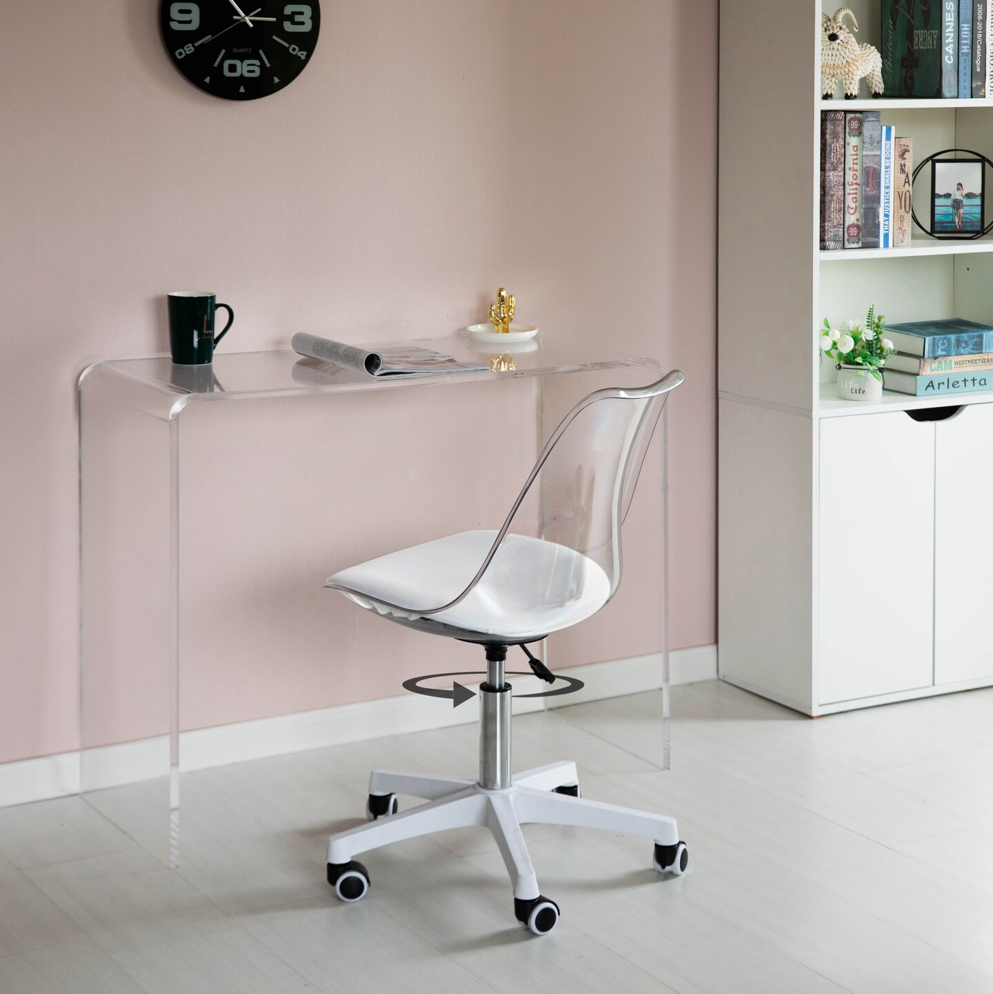 Clear Acrylic Desk Chair - Armless Office Chair, Height Adjustable, Rolling Chair - Modern Ghost Chair, Perfect for Home Office or Vanity with Swivel Function