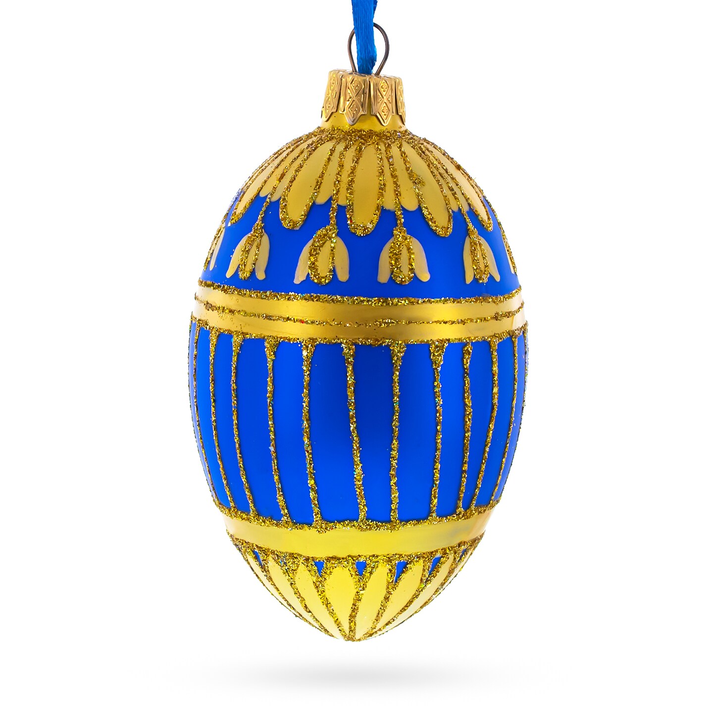 1885 Blue Enamel Ribbed Royal Egg Glass Ornament 4 Inches