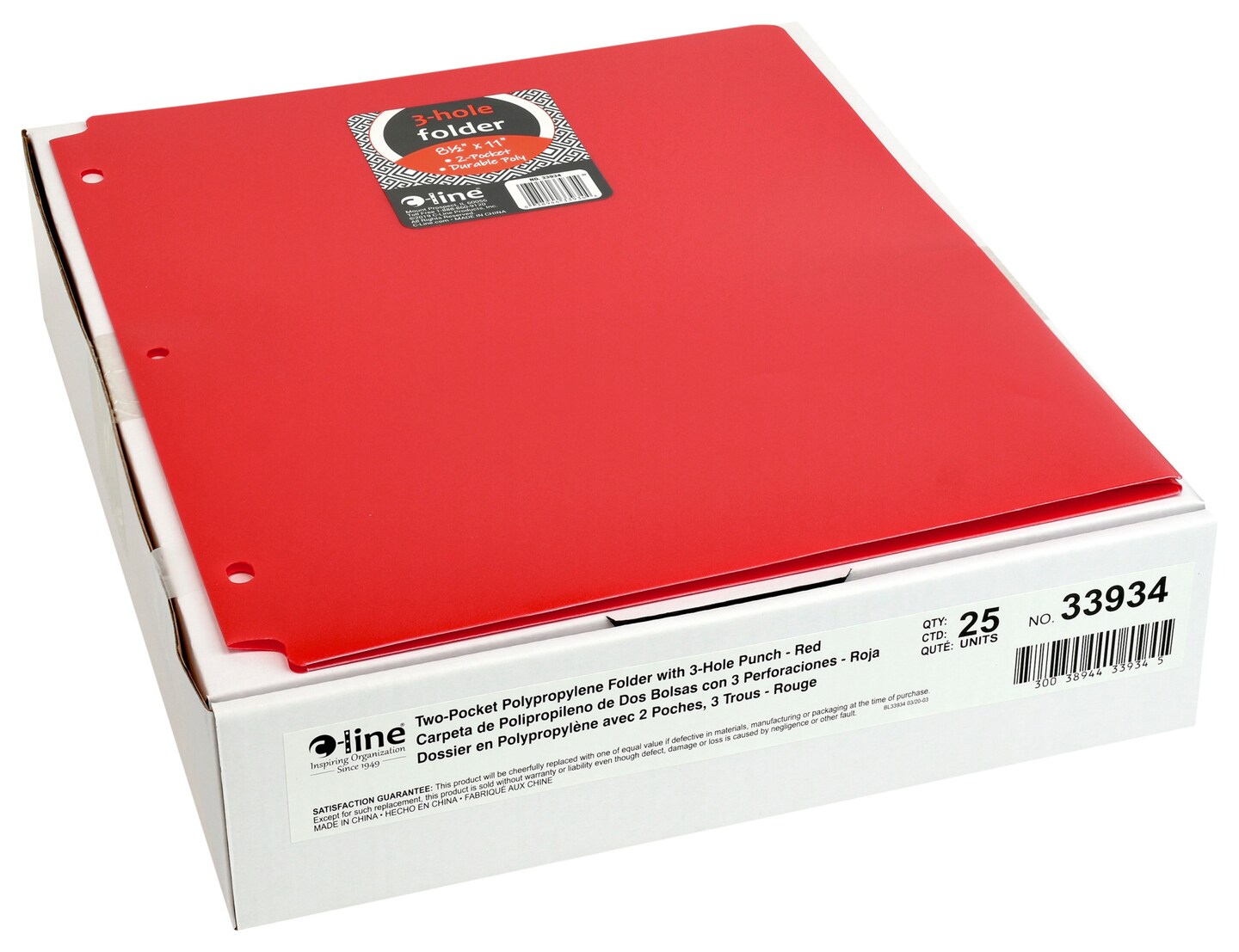 C-Line 2-Pocket Poly Folder, 3 Hole Punched, Red, Pack of 25