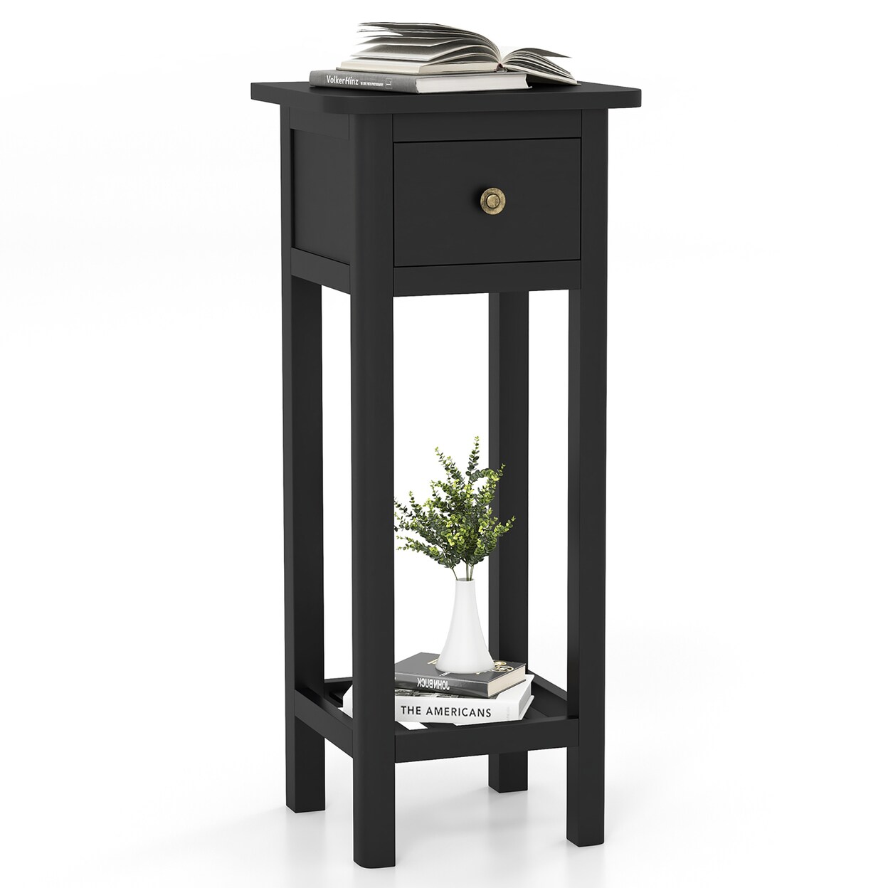 Solid Wood Side Table Rectangular Sofa Side Table W/ Acacia Wood Top Telephone Table Black