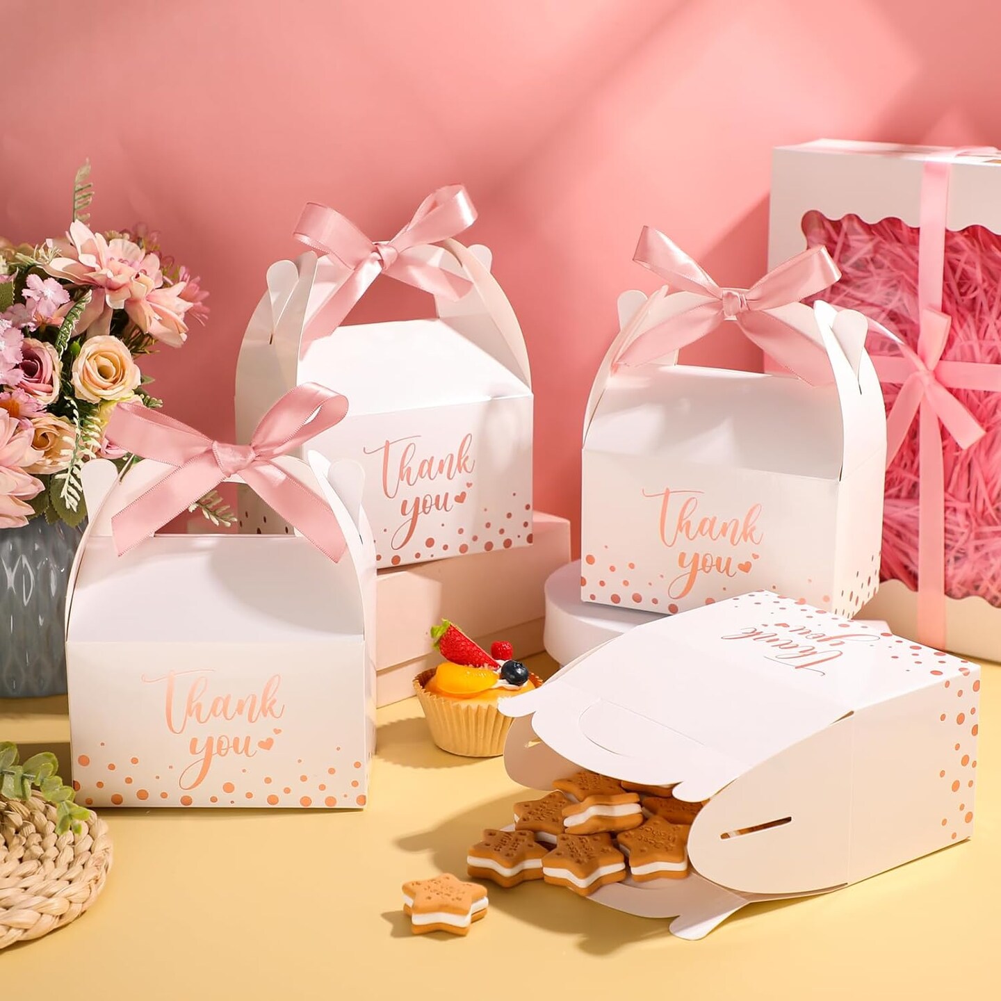 50-Pieces Rose Gold Thank You Gift Boxes with Ribbon Handles
