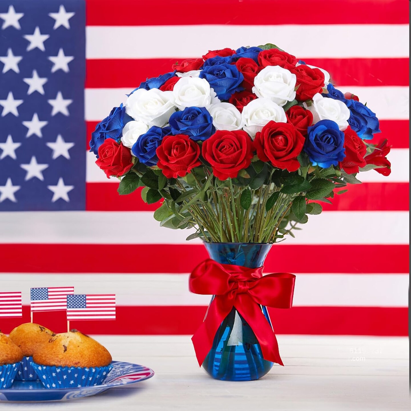 Patriotic 4th of July Artificial Roses in Red, White, Blue
