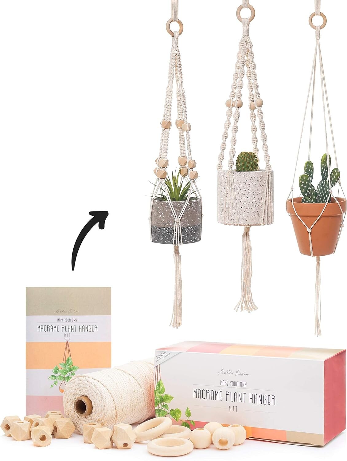 Macrame Kit - Makes 3 Macrame Plant Hangers with Easy to Follow Instructions for Adult Beginners - Includes 109 Yards 3Mm Cotton Macrame Cord, Natural Wooden Beads &#x26; Custom Instruction Booklet