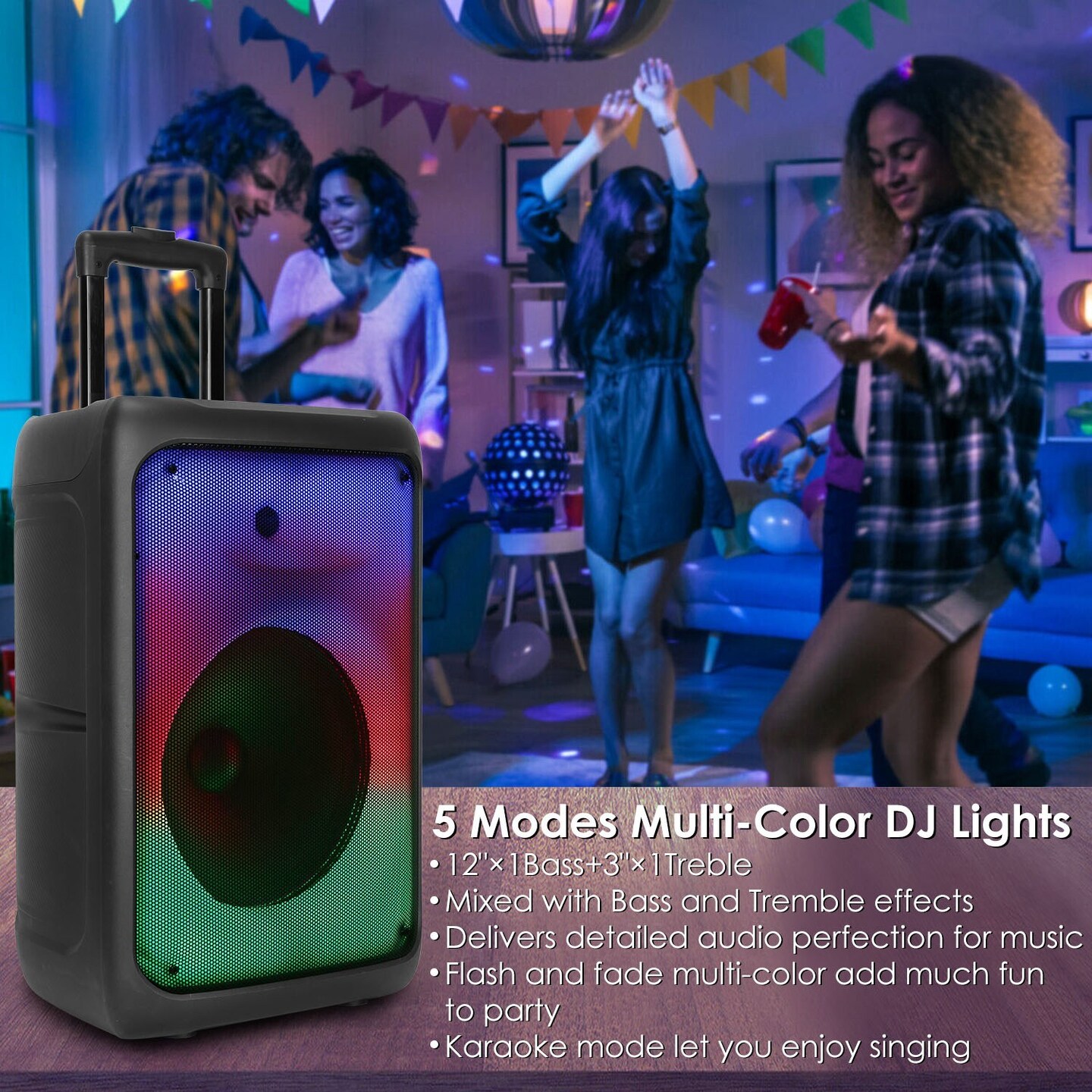 Portable Wireless Party Speaker with 5 Colorful Lighting Modes - Trolley Handle 2 Wheels Remote Control