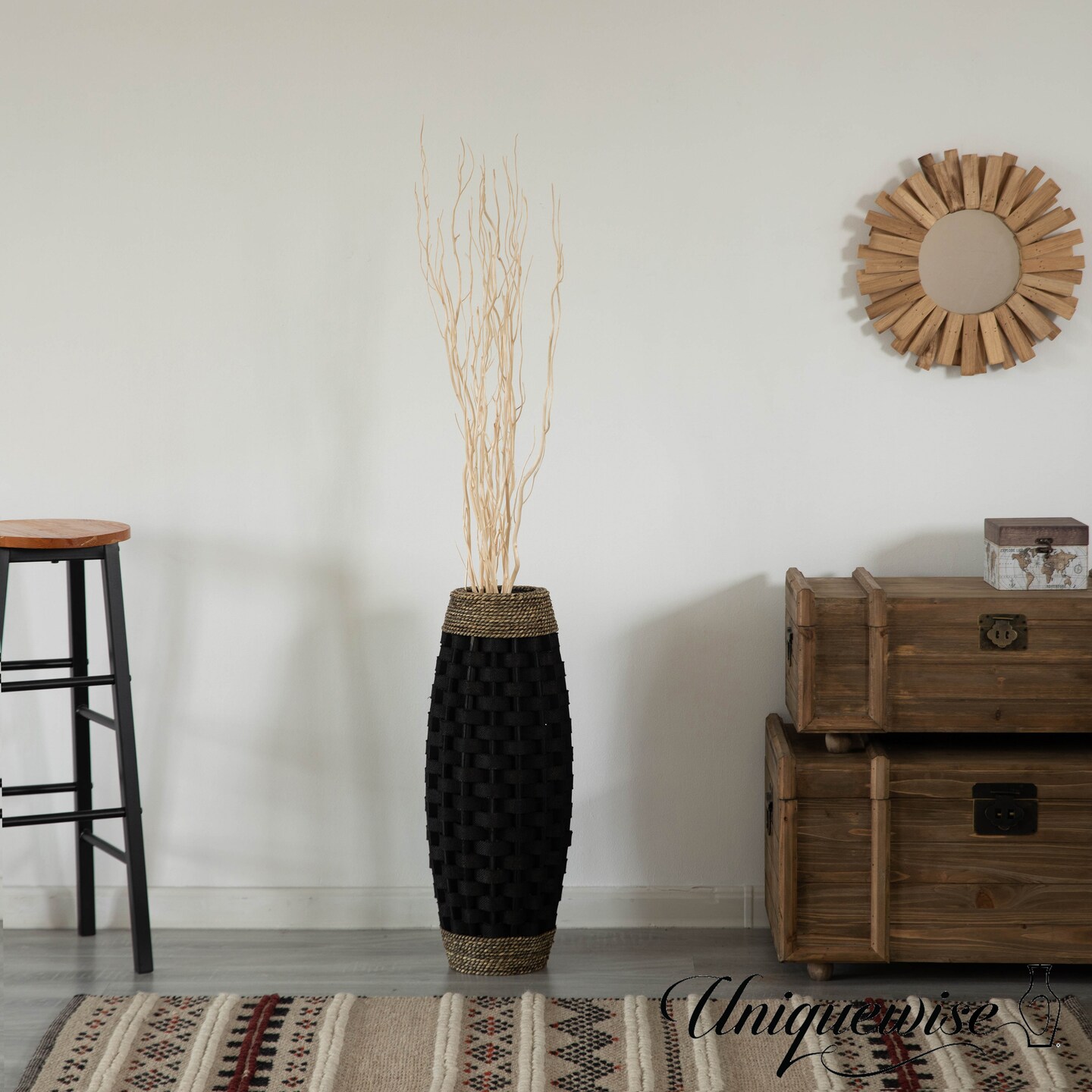 Rustic Tall Floor Vase - 24-inch Handcrafted Black Woven Vase, Decorative Accent for Home Decor, Living Room, and Entryway, Ideal for Displaying Flowers, Pampas Grass, and Dried Florals and Branches