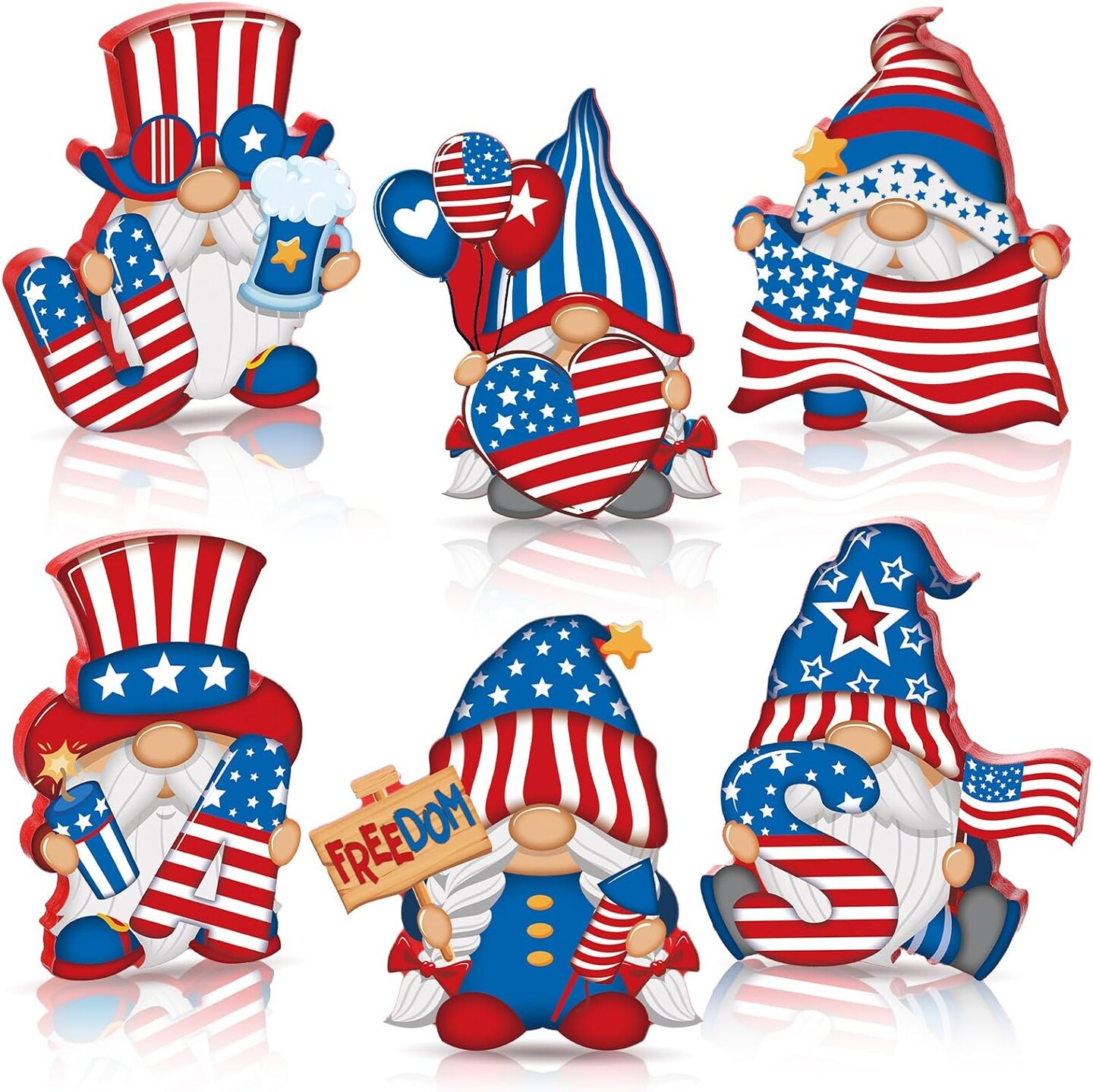 6 Pieces 4th of July Wooden Gnome Table Decor Red Blue Patriotic Gnome Sign.