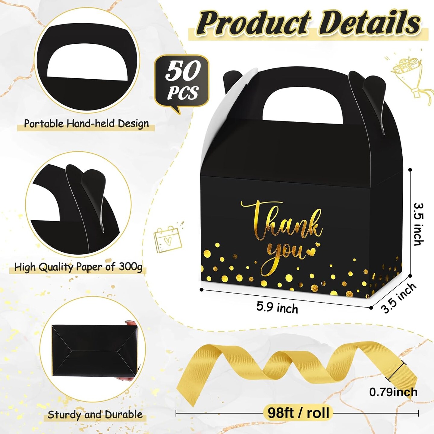50-Pieces Thank You Gift Boxes with Handles &#x26; Ribbon