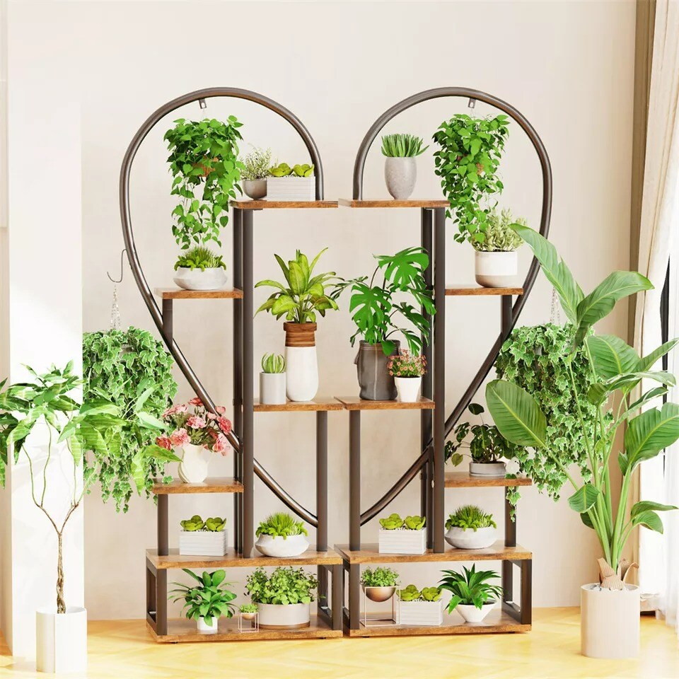 2PCS 6-Layer Plant Stand Large Heart Shaped Flower Pot Herb Display Rack w/ Hook