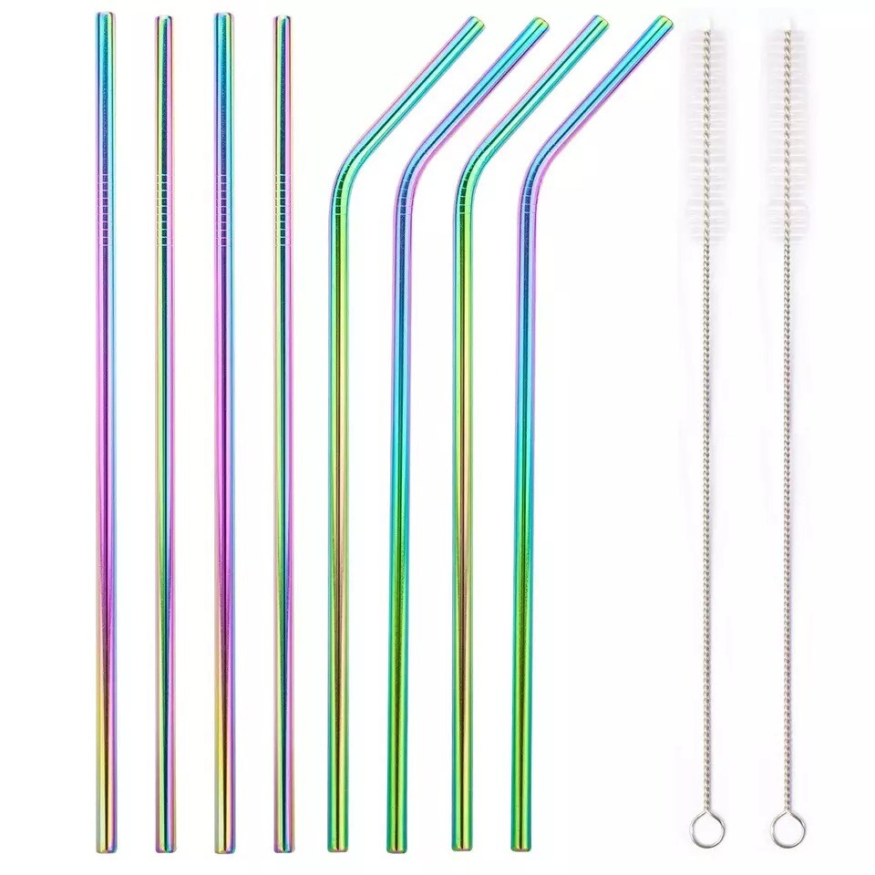 8-Piece 10.5" Stainless Steel Cocktail Straw Set with 2 Cleaning Brushes