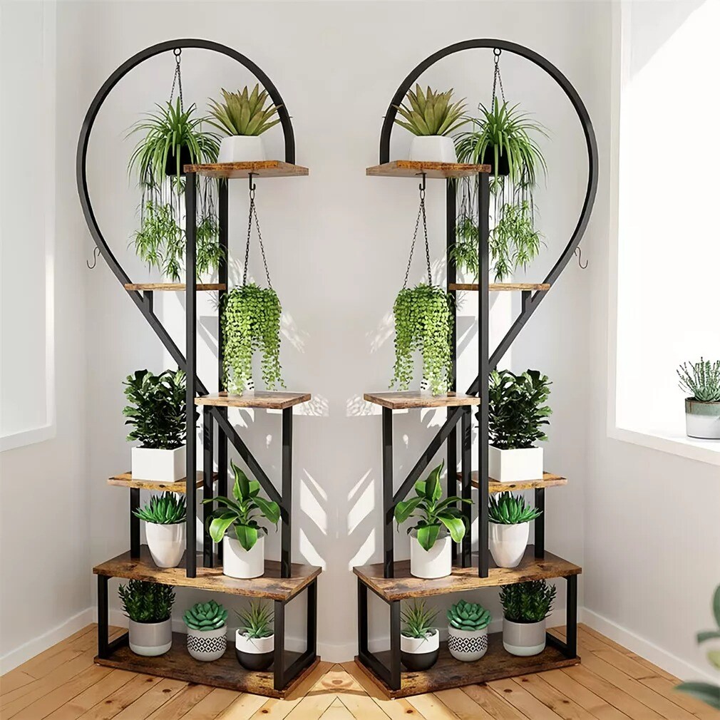 2PCS 6-Layer Plant Stand Large Heart Shaped Flower Pot Herb Display Rack w/ Hook