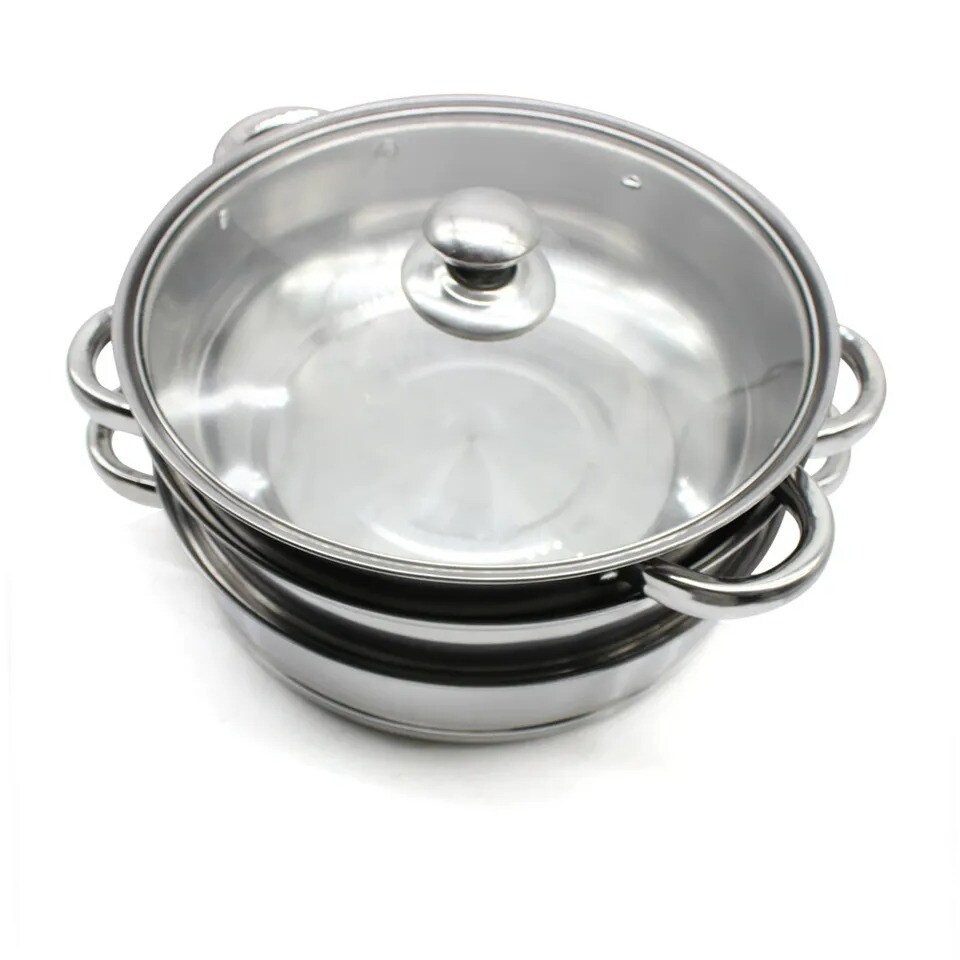 3 Tier Steamer Hot Pot Stainless Steel Cooker Steam Pot Food Cooking + Glass Lid