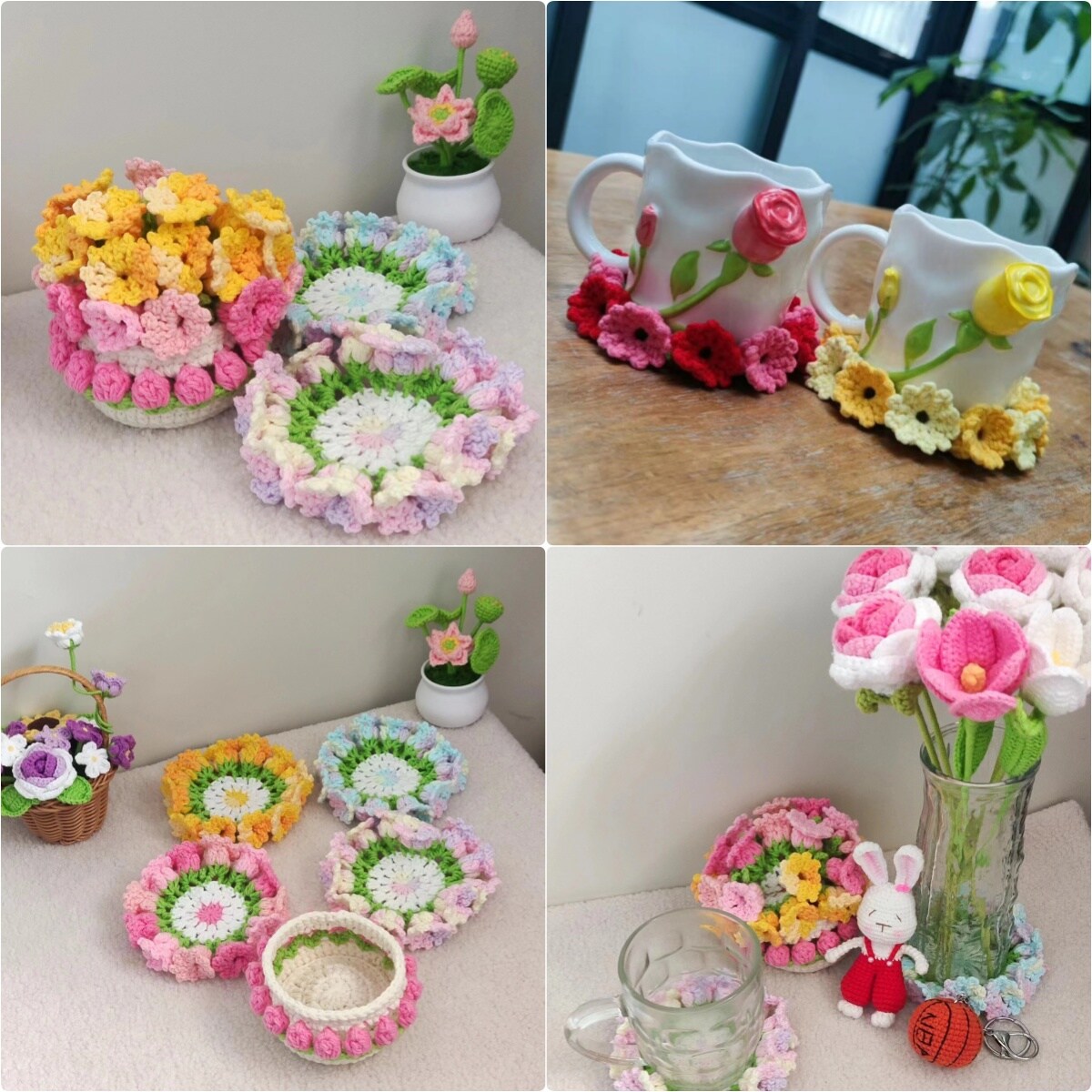 Personalized Handmade Crochet Lily of the Valley Coaster Set